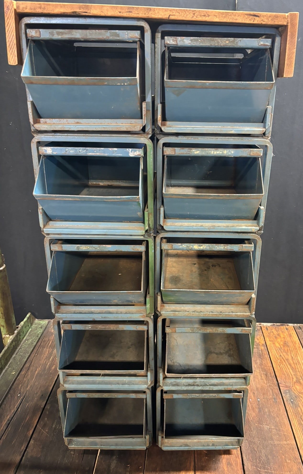 10 Stacking Metal Drawer Nut & Bolt Store Display w Wood Top: 53" tall x 21" deep x 21.5" wide