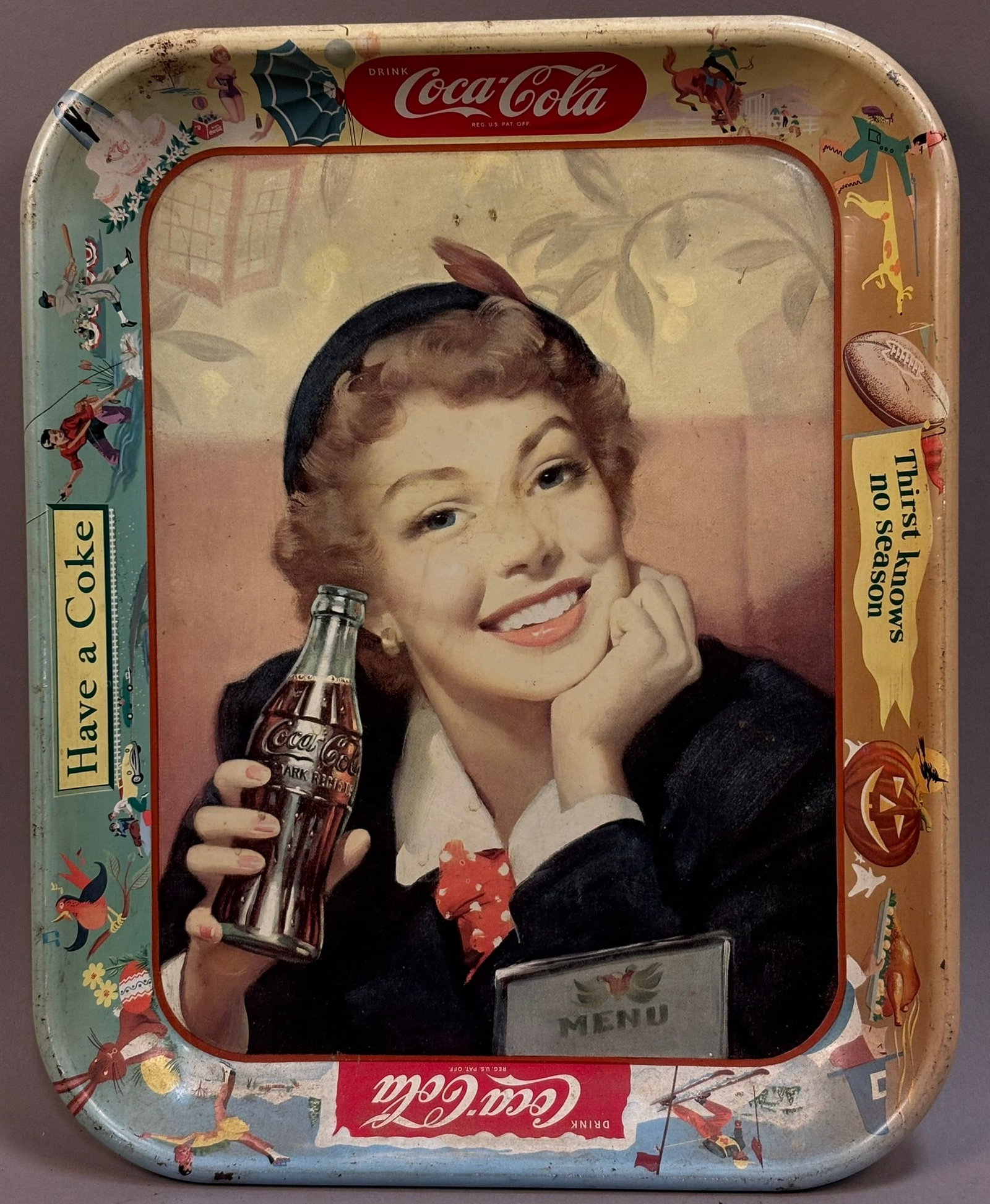 Coca Cola Thirst Knows No Season 1950s Menu Girl S: Measurements in photos PLEASE NOTE WE OFFER IN HOUSE SHIPPING & HAVE BIDDING AVAILABLE ON OUR OWN WEBSITE! If you win on LIVE AUCTIONEERS, please click "SELF ARRANGED SHIPPING" and keep on the lookout