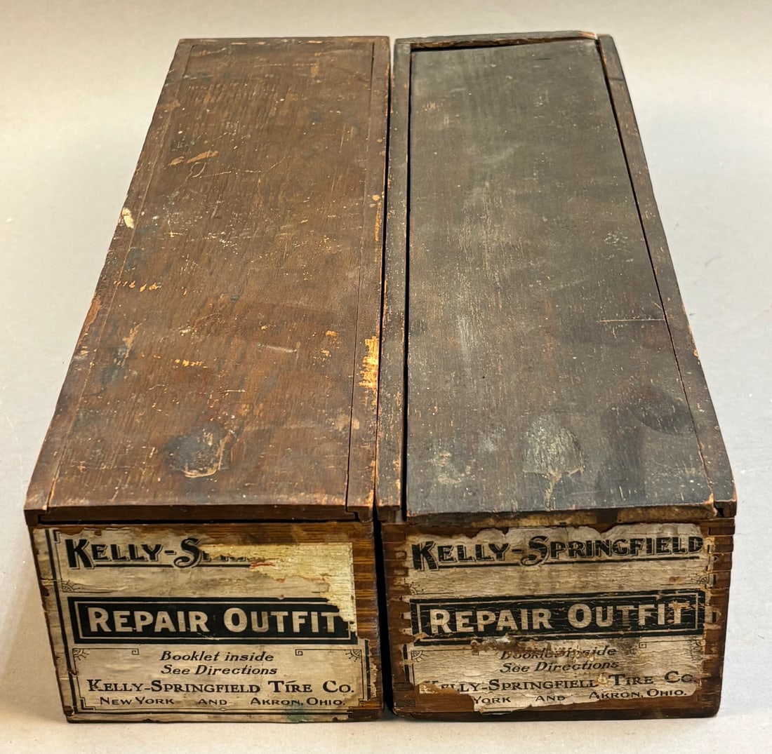 Pair Antique Early 1920s Kelly Springfield Wooden: 14" x 4" x 3.5" PLEASE NOTE WE OFFER IN HOUSE SHIPPING & HAVE BIDDING AVAILABLE ON OUR OWN WEBSITE! If you win on LIVE AUCTIONEERS, please click "SELF ARRANGED SHIPPING" and keep on the lookout for an