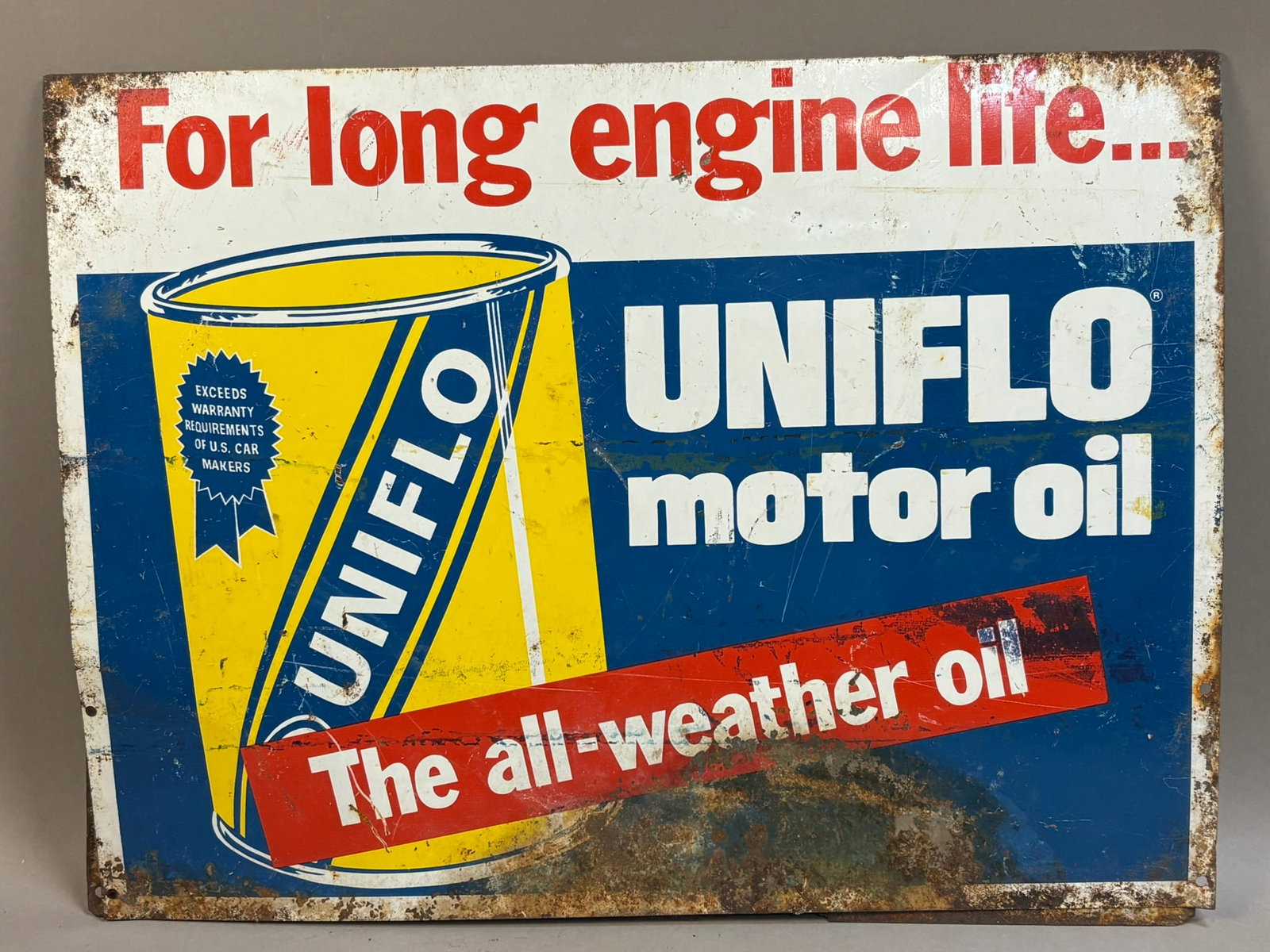 Uniflo Motor Oil Double Sided Metal Gas Station Ad: 19.5" x 15" - see all photos PLEASE NOTE WE OFFER IN HOUSE SHIPPING & HAVE BIDDING AVAILABLE ON OUR OWN WEBSITE! If you win on LIVE AUCTIONEERS, please click "SELF ARRANGED SHIPPING" and keep on the l