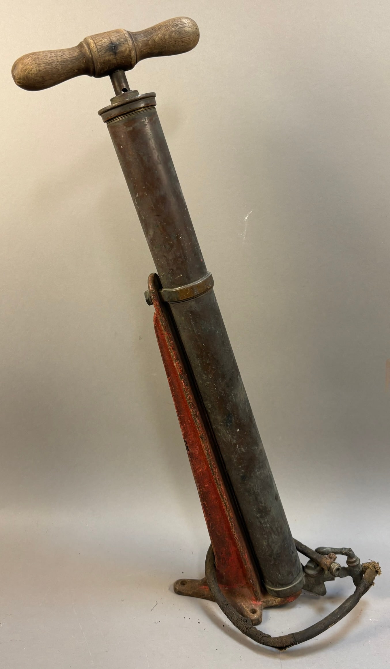 Antique Brass Original Air Pump w/ Original Red Pa: 27" tall overall PLEASE NOTE WE OFFER IN HOUSE SHIPPING & HAVE BIDDING AVAILABLE ON OUR OWN WEBSITE! If you win on LIVE AUCTIONEERS, please click "SELF ARRANGED SHIPPING" and keep on the lookout for a