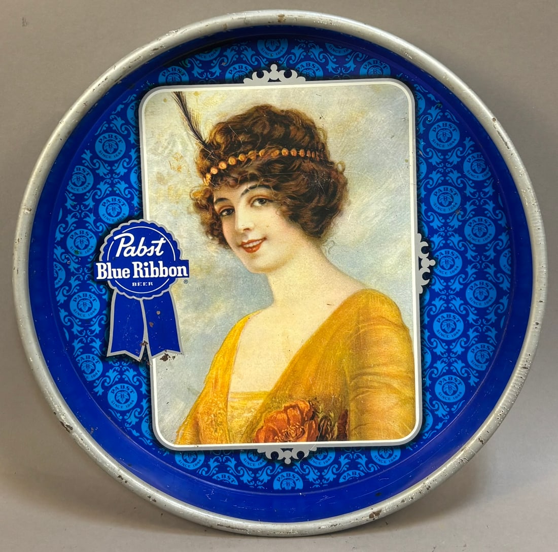 Pabst Blue Ribbion Beer Metal Serving Tray: Measurements in photos PLEASE NOTE WE OFFER IN HOUSE SHIPPING & HAVE BIDDING AVAILABLE ON OUR OWN WEBSITE! If you win on LIVE AUCTIONEERS, please click "SELF ARRANGED SHIPPING" and keep on the lookout