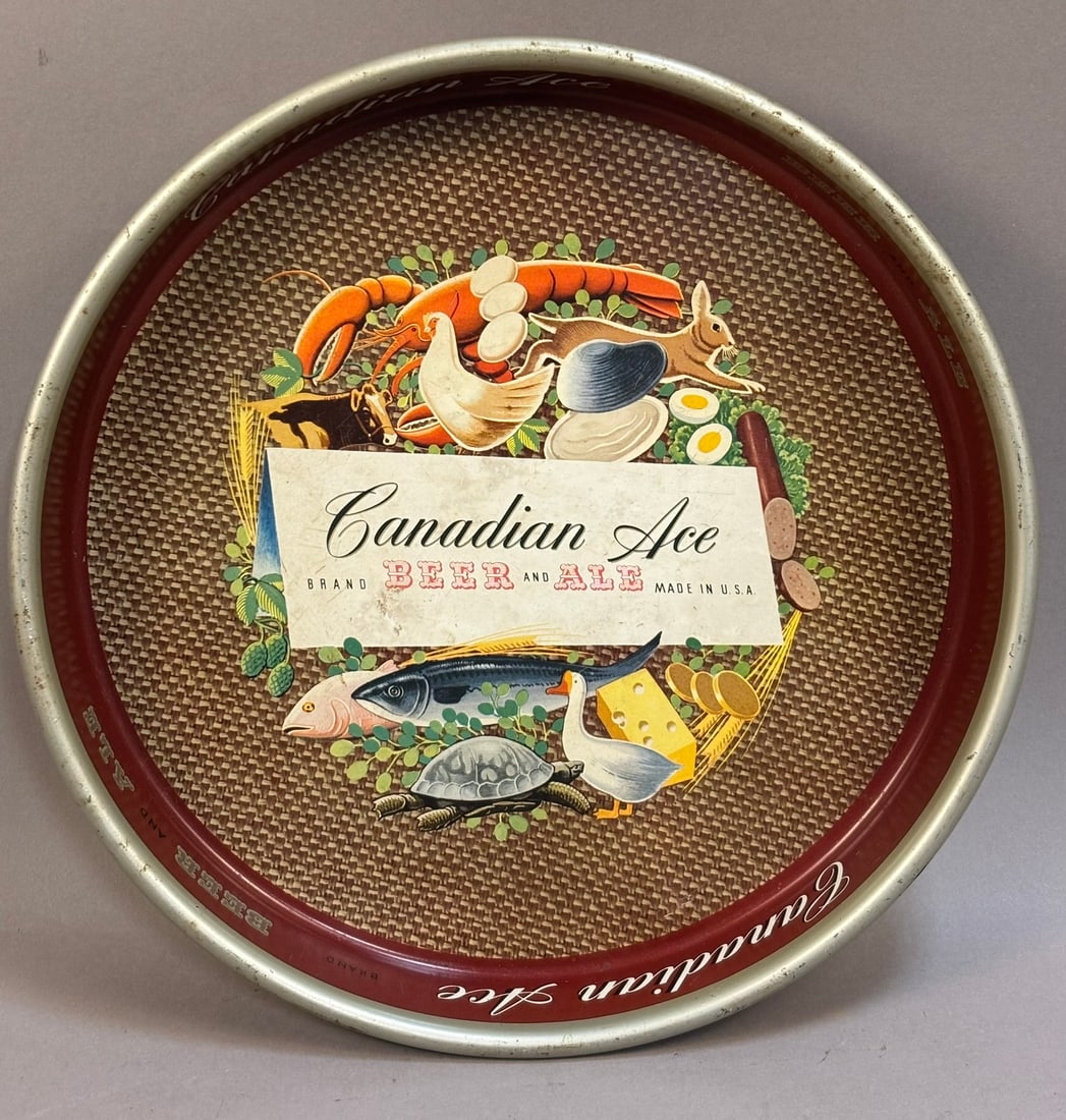 Canadian Ace Beer & Ale Metal Serving Tray: Measurements in photos PLEASE NOTE WE OFFER IN HOUSE SHIPPING & HAVE BIDDING AVAILABLE ON OUR OWN WEBSITE! If you win on LIVE AUCTIONEERS, please click "SELF ARRANGED SHIPPING" and keep on the lookout