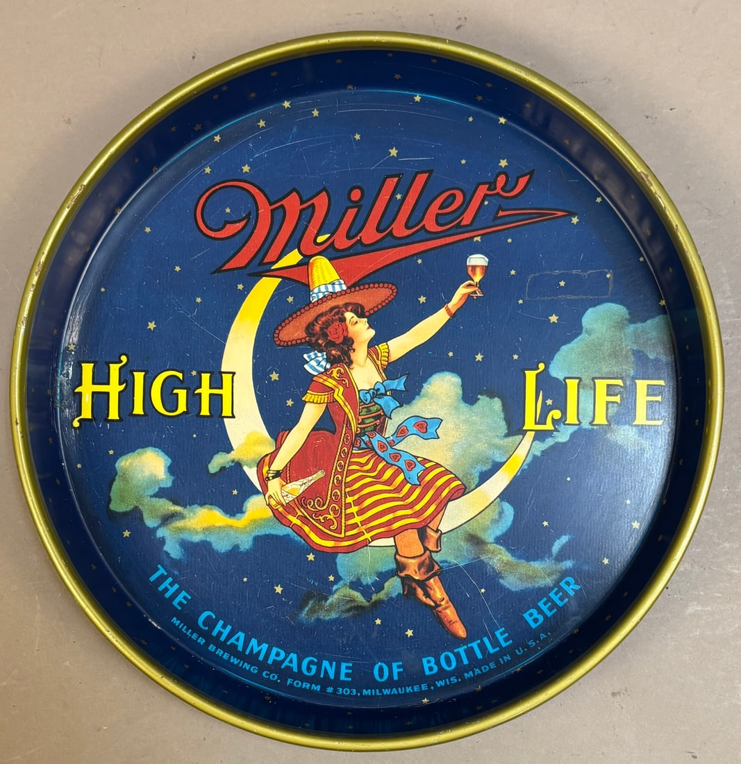 Miller High Life Metal Serving Tray: Measurements in photos PLEASE NOTE WE OFFER IN HOUSE SHIPPING & HAVE BIDDING AVAILABLE ON OUR OWN WEBSITE! If you win on LIVE AUCTIONEERS, please click "SELF ARRANGED SHIPPING" and keep on the lookout