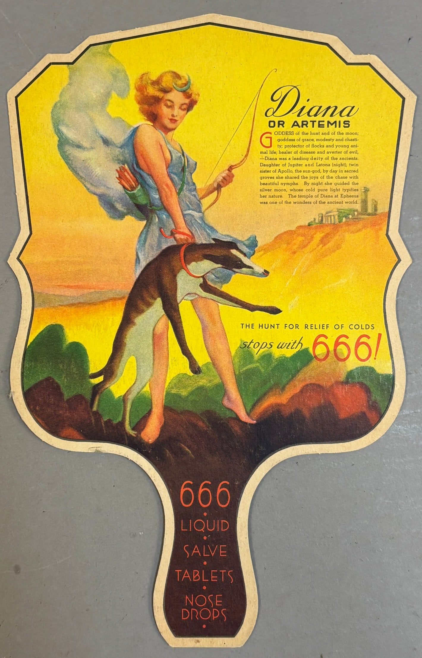 Diana 666 Liquid Salve Tablets Cardboard Fan Sign: Measurements in photos PLEASE NOTE WE OFFER IN HOUSE SHIPPING & HAVE BIDDING AVAILABLE ON OUR OWN WEBSITE! If you win on LIVE AUCTIONEERS, please click "SELF ARRANGED SHIPPING" and keep on the lookout