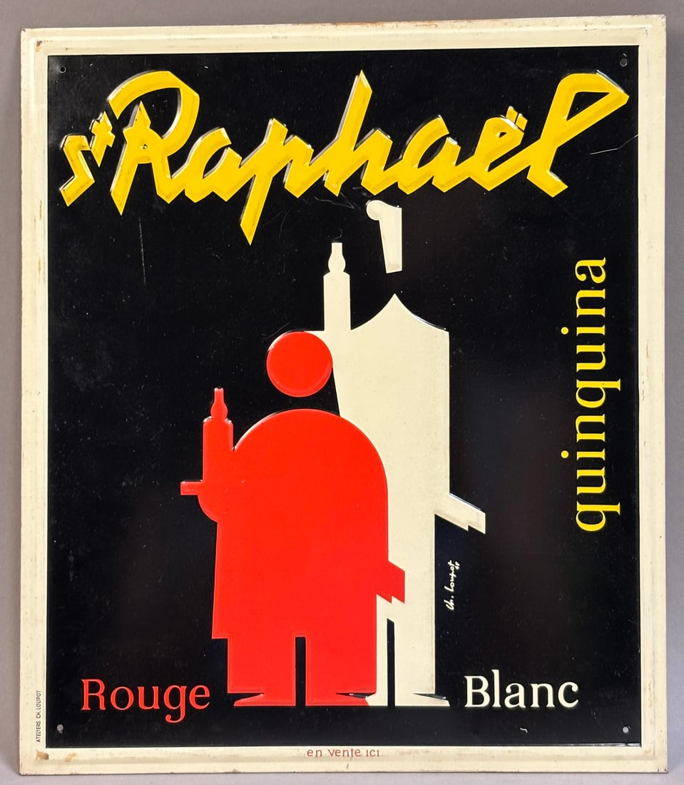 St Raphael 1950s Emobossed Metal Antique Sign: Measurements in photos PLEASE NOTE WE OFFER IN HOUSE SHIPPING & HAVE BIDDING AVAILABLE ON OUR OWN WEBSITE! If you win on LIVE AUCTIONEERS, please click "SELF ARRANGED SHIPPING" and keep on the lookout