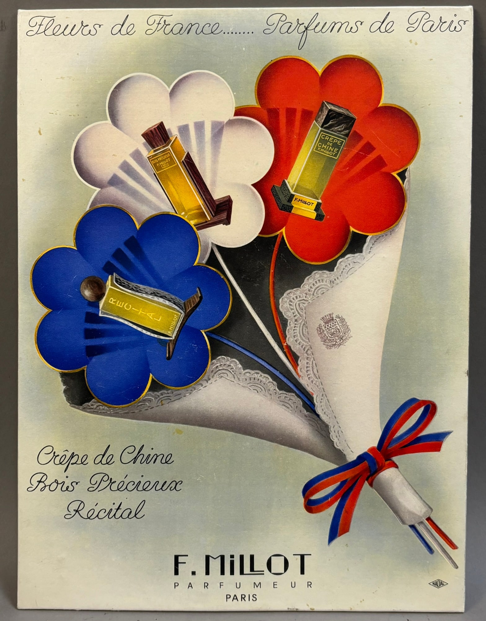 French Paris F. Millot Perfume 50s Cardboard Sign: Measurements in photos PLEASE NOTE WE OFFER IN HOUSE SHIPPING & HAVE BIDDING AVAILABLE ON OUR OWN WEBSITE! If you win on LIVE AUCTIONEERS, please click "SELF ARRANGED SHIPPING" and keep on the lookout