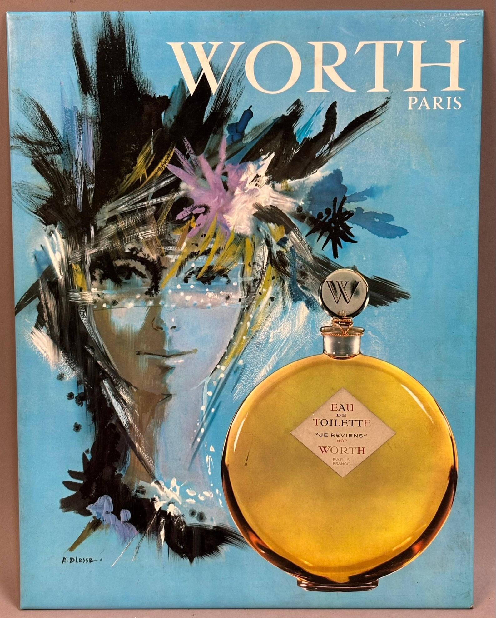 French 1950s Worth Paris Perfume Advertising Sign: Measurements in photos PLEASE NOTE WE OFFER IN HOUSE SHIPPING & HAVE BIDDING AVAILABLE ON OUR OWN WEBSITE! If you win on LIVE AUCTIONEERS, please click "SELF ARRANGED SHIPPING" and keep on the lookout