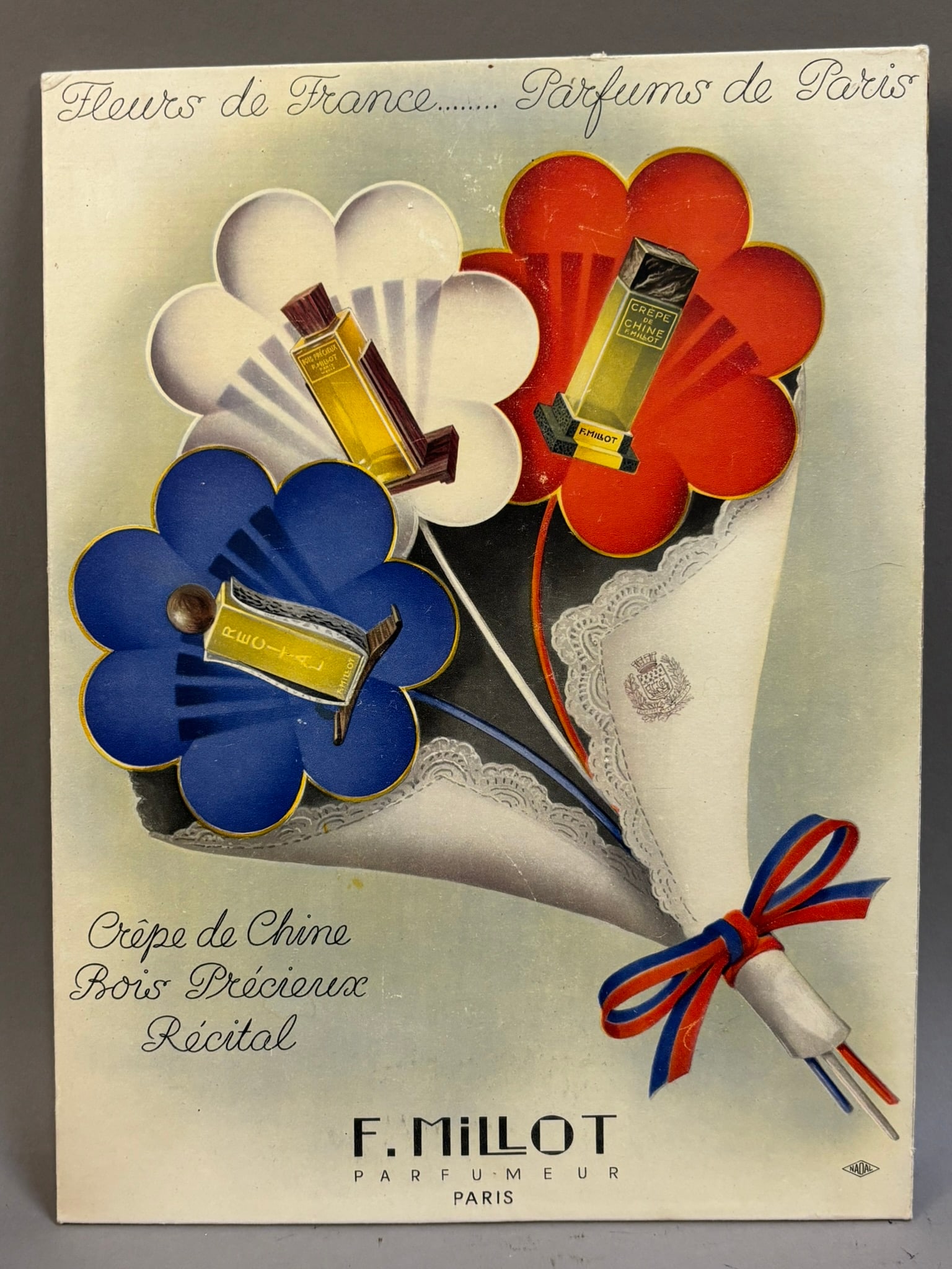 French Paris F. Millot Perfume 50s Cardboard Sign: Measurements in photos PLEASE NOTE WE OFFER IN HOUSE SHIPPING & HAVE BIDDING AVAILABLE ON OUR OWN WEBSITE! If you win on LIVE AUCTIONEERS, please click "SELF ARRANGED SHIPPING" and keep on the lookout