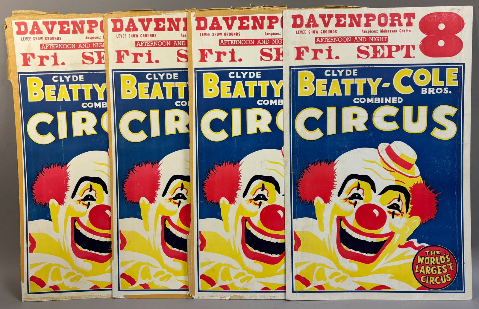 Lot of 4 Clyde Beatty-Cole Combined CircusPosters: Measurements in photos PLEASE NOTE WE OFFER IN HOUSE SHIPPING & HAVE BIDDING AVAILABLE ON OUR OWN WEBSITE! If you win on LIVE AUCTIONEERS, please click "SELF ARRANGED SHIPPING" and keep on the lookout