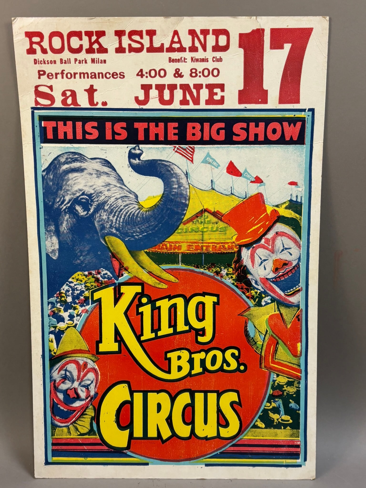 King Bros Circus Rock Island Big Show Poster Sign: Measurements in photos PLEASE NOTE WE OFFER IN HOUSE SHIPPING & HAVE BIDDING AVAILABLE ON OUR OWN WEBSITE! If you win on LIVE AUCTIONEERS, please click "SELF ARRANGED SHIPPING" and keep on the lookout