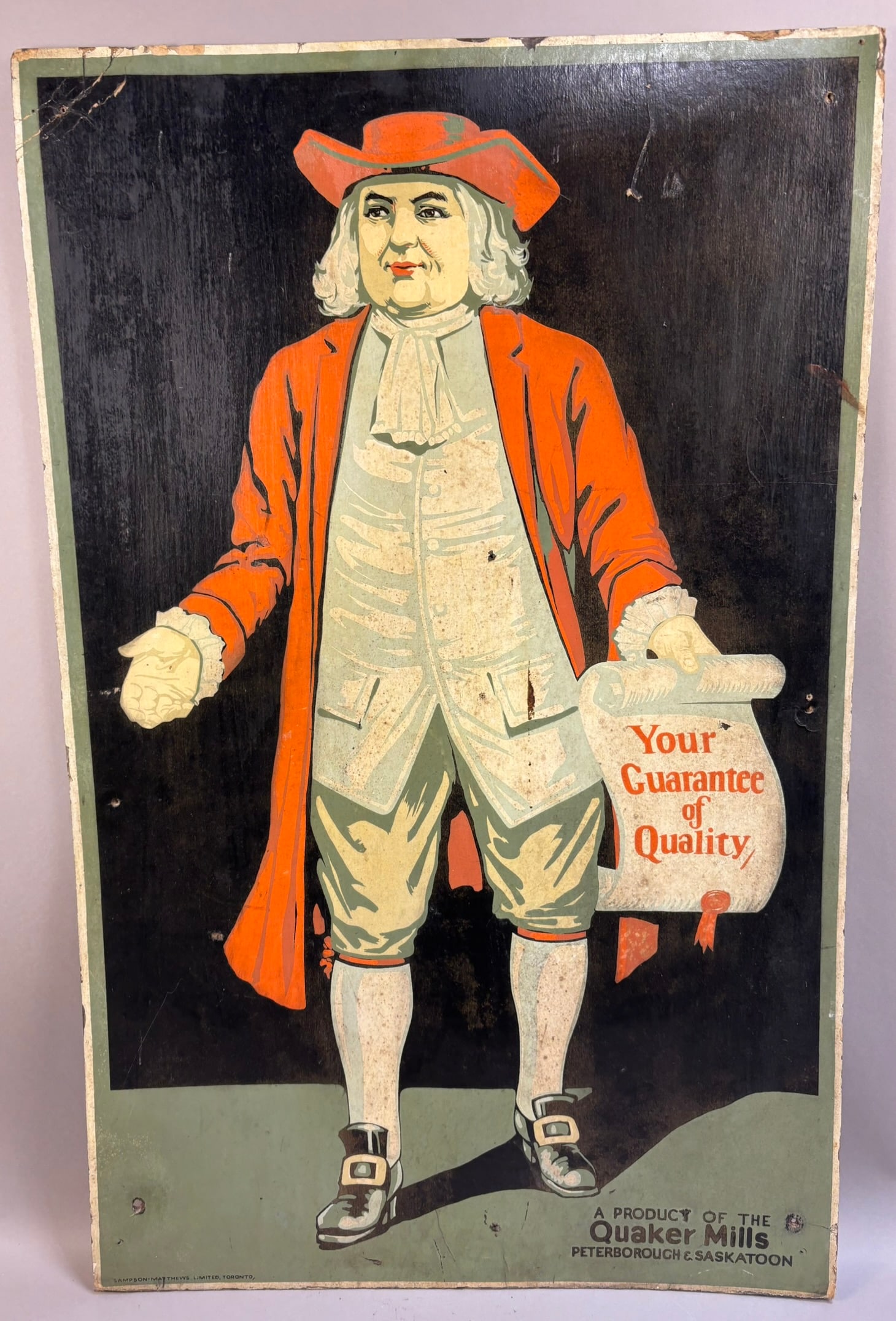 1924 Quaker Mills Thick Cardstock Advertising Sign: Measurements in photos PLEASE NOTE WE OFFER IN HOUSE SHIPPING & HAVE BIDDING AVAILABLE ON OUR OWN WEBSITE! If you win on LIVE AUCTIONEERS, please click "SELF ARRANGED SHIPPING" and keep on the lookout