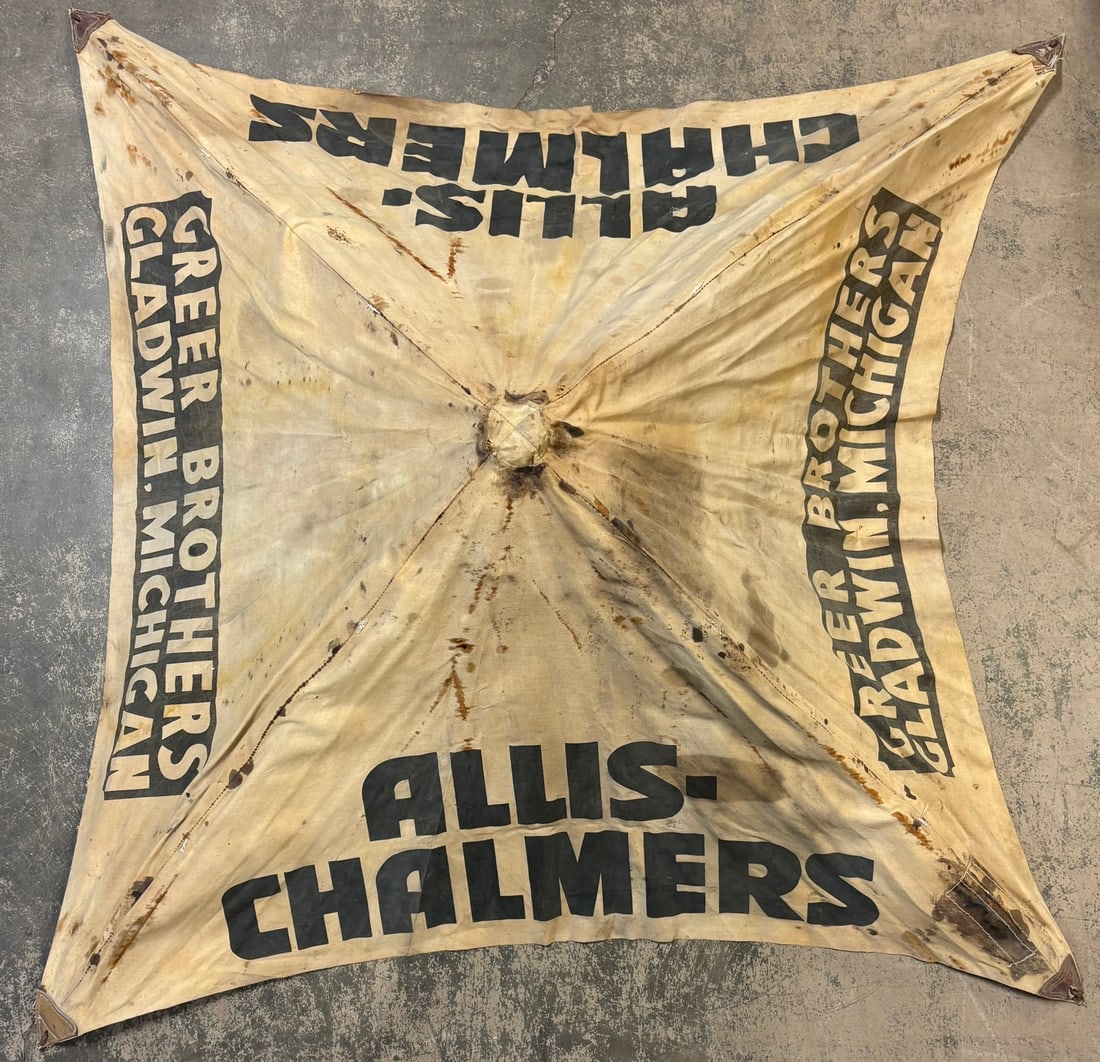 Allis-ChalmersGreer Brothers Gladwin MI Umbrella: Measurements in photos PLEASE NOTE WE OFFER IN HOUSE SHIPPING & HAVE BIDDING AVAILABLE ON OUR OWN WEBSITE! If you win on LIVE AUCTIONEERS, please click "SELF ARRANGED SHIPPING" and keep on the lookout