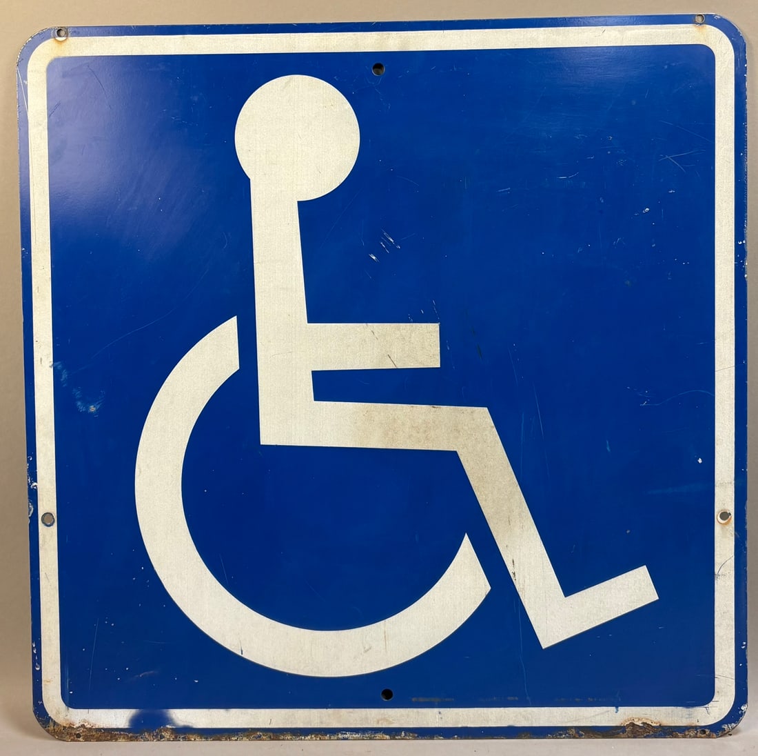 24" x 24" Metal Handicap Parking Lot Sign: Measurements in photos PLEASE NOTE WE OFFER IN HOUSE SHIPPING & HAVE BIDDING AVAILABLE ON OUR OWN WEBSITE! If you win on LIVE AUCTIONEERS, please click "SELF ARRANGED SHIPPING" and keep on the lookout