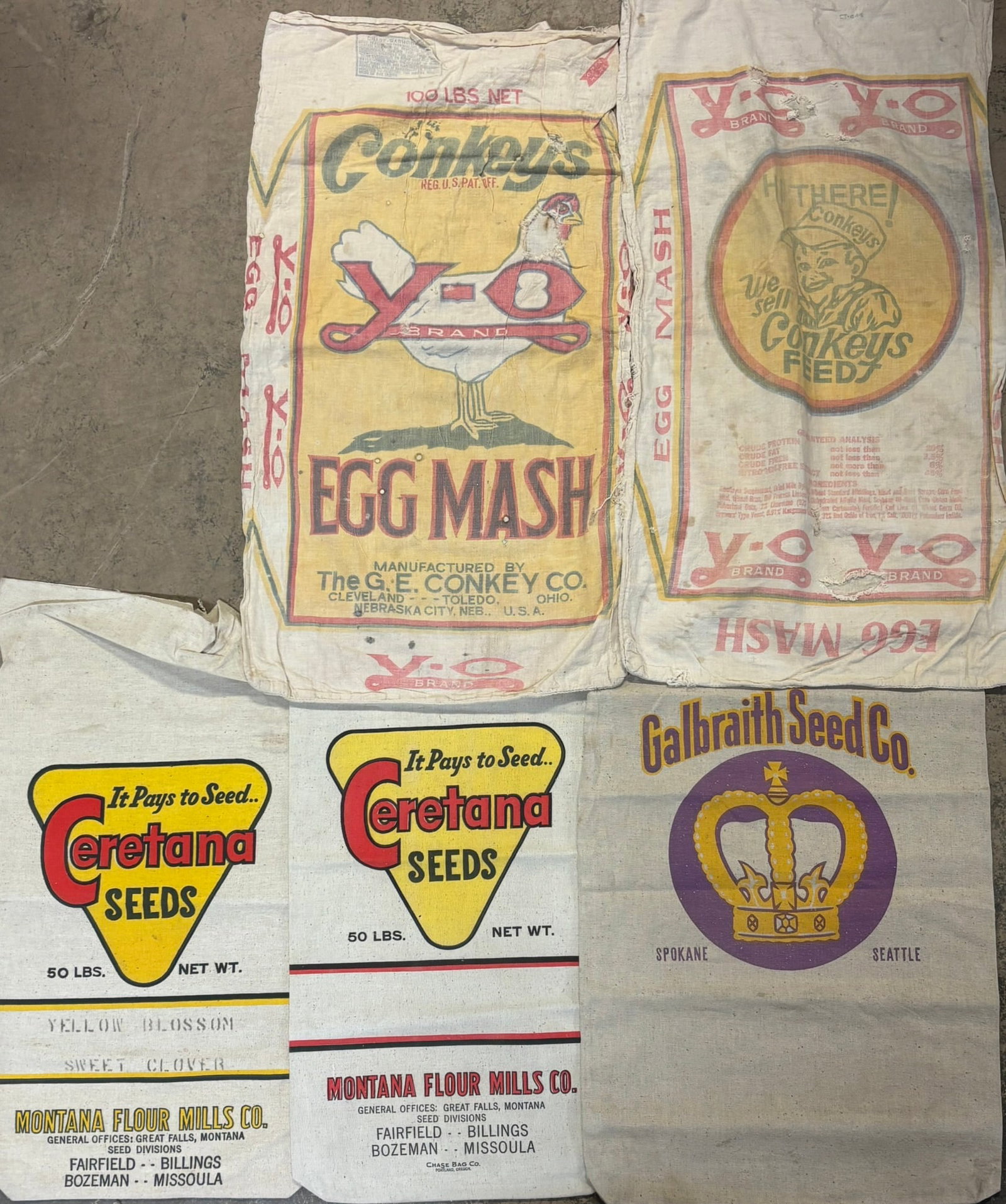 Lot of 5 Seed Flour Egg Mash Bags: Measurements in photos PLEASE NOTE WE OFFER IN HOUSE SHIPPING & HAVE BIDDING AVAILABLE ON OUR OWN WEBSITE! If you win on LIVE AUCTIONEERS, please click "SELF ARRANGED SHIPPING" and keep on the