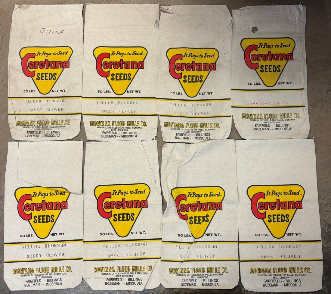 Lot of 8 Montana Flour Mills Co Seed Flour Bags: Measurements in photos PLEASE NOTE WE OFFER IN HOUSE SHIPPING & HAVE BIDDING AVAILABLE ON OUR OWN WEBSITE! If you win on LIVE AUCTIONEERS, please click "SELF ARRANGED SHIPPING" and keep on the lookout