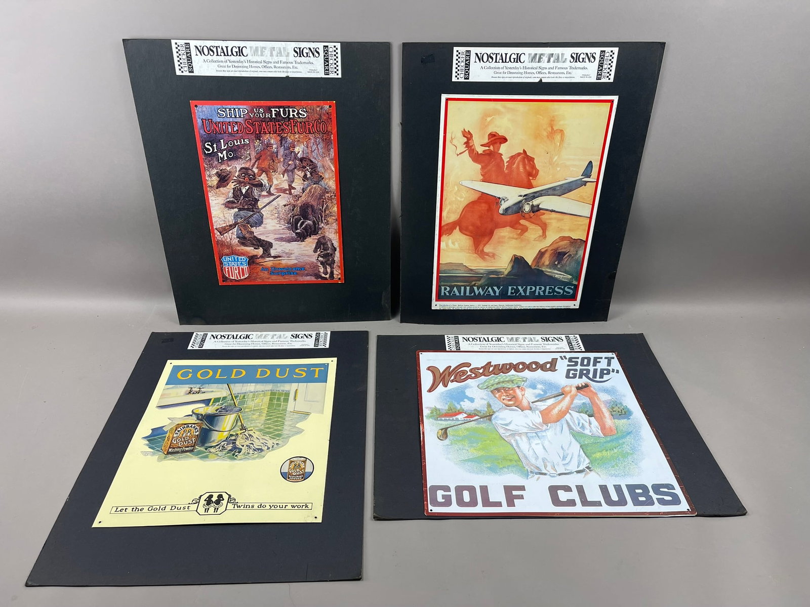 Lot of 4 Nostalgic Metal Signs Historical: Measurements in photos PLEASE NOTE WE OFFER IN HOUSE SHIPPING & HAVE BIDDING AVAILABLE ON OUR OWN WEBSITE! If you win on LIVE AUCTIONEERS, please click "SELF ARRANGED SHIPPING" and keep on the