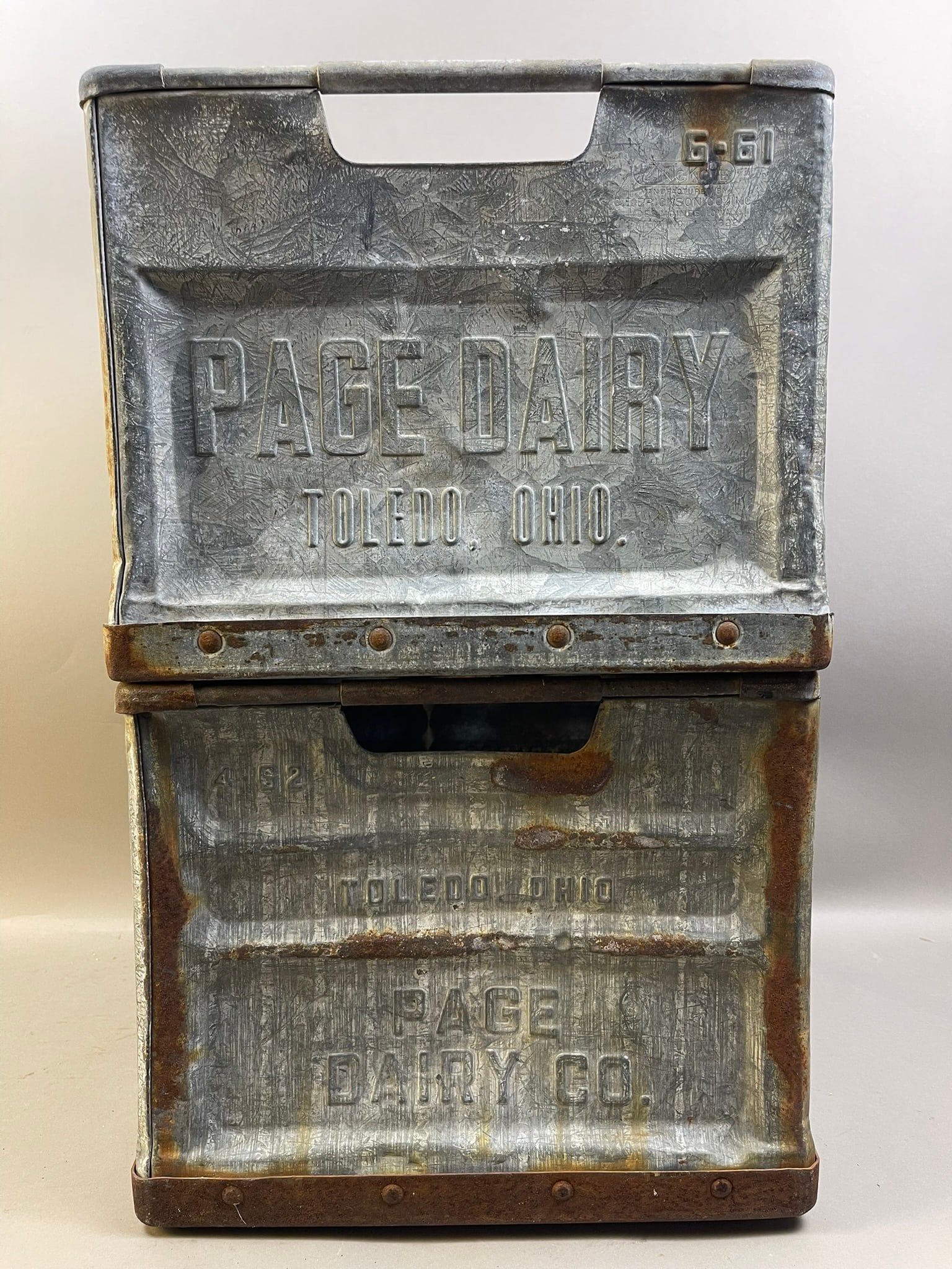 Pair of Page Dairy Toledo Ohio Metal Crates: Measurements in photos PLEASE NOTE WE OFFER IN HOUSE SHIPPING & HAVE BIDDING AVAILABLE ON OUR OWN WEBSITE! If you win on LIVE AUCTIONEERS, please click "SELF ARRANGED SHIPPING" and keep on the