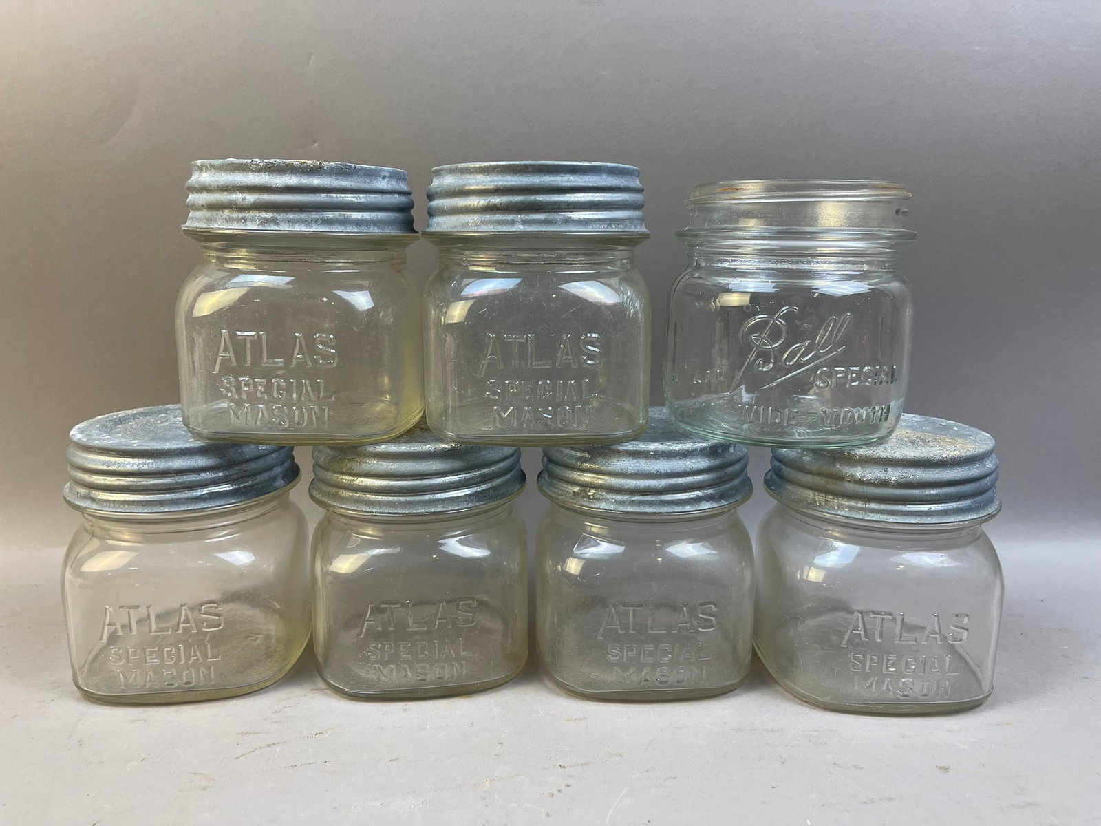 Lot of 7 Atlas Special Mason Jars with Lids: Measurements in photos PLEASE NOTE WE OFFER IN HOUSE SHIPPING & HAVE BIDDING AVAILABLE ON OUR OWN WEBSITE! If you win on LIVE AUCTIONEERS, please click "SELF ARRANGED SHIPPING" and keep on the