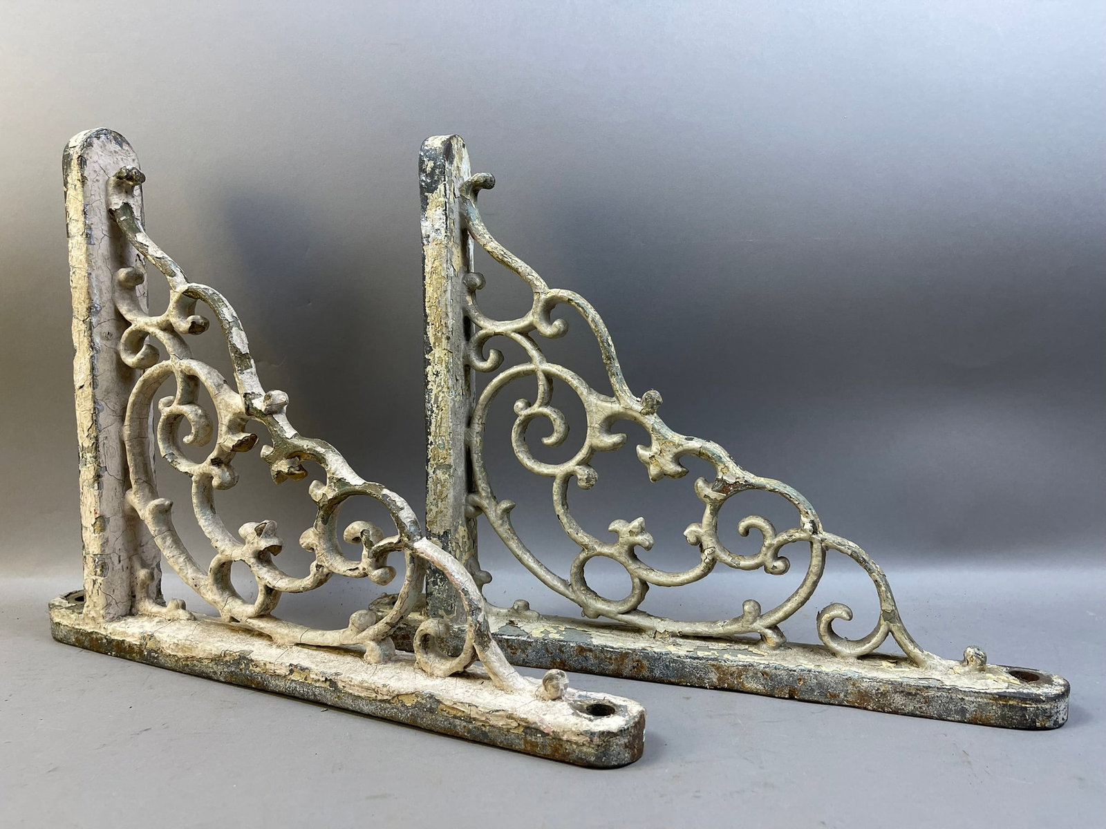 Pair Metal Outdoor Brackets: Measurements in photos PLEASE NOTE WE OFFER IN HOUSE SHIPPING & HAVE BIDDING AVAILABLE ON OUR OWN WEBSITE! If you win on LIVE AUCTIONEERS, please click "SELF ARRANGED SHIPPING" and keep on the