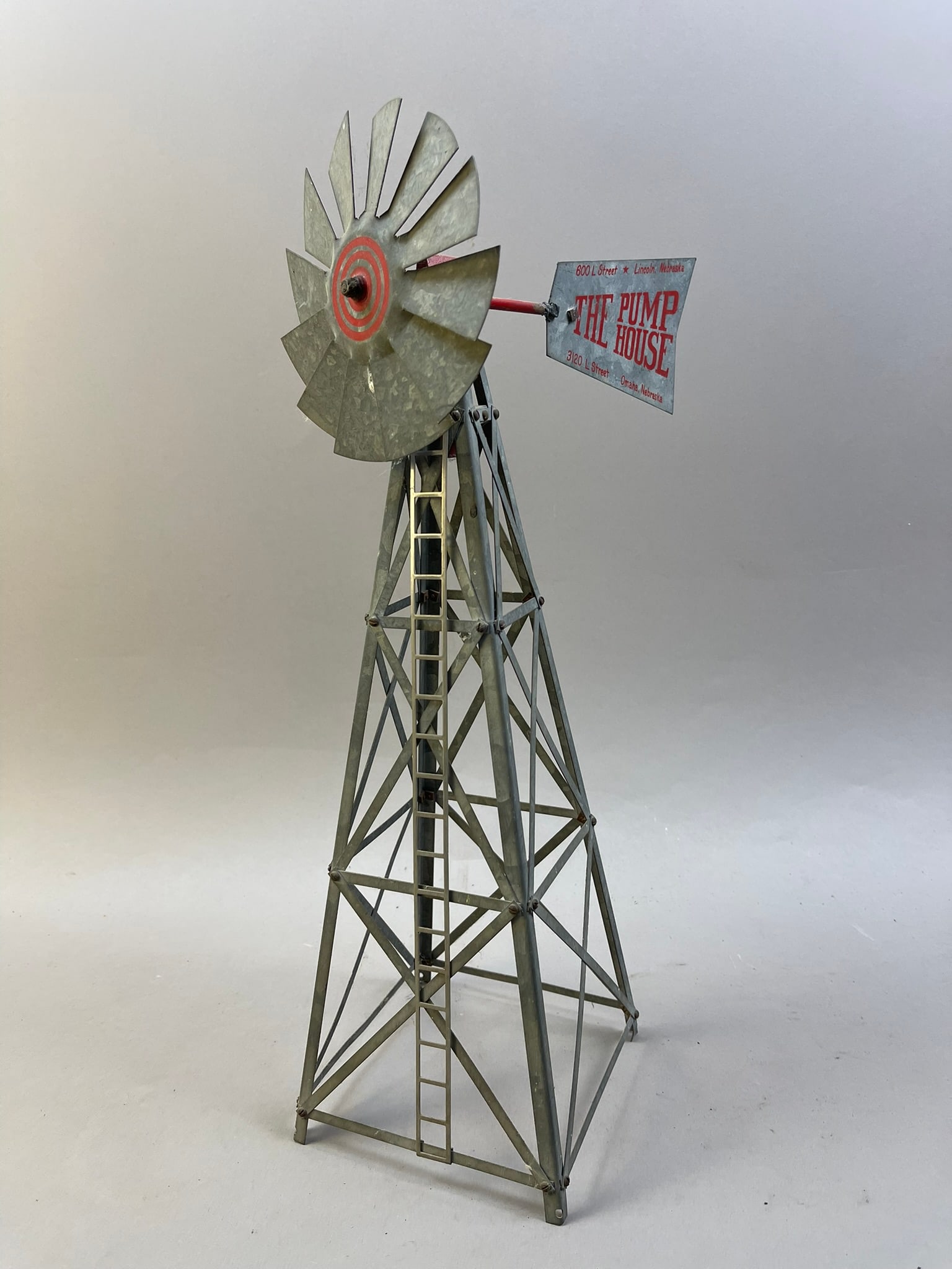 The Pump House Original Omaha Nebraska Windmill: Measurements in photos PLEASE NOTE WE OFFER IN HOUSE SHIPPING & HAVE BIDDING AVAILABLE ON OUR OWN WEBSITE! If you win on LIVE AUCTIONEERS, please click "SELF ARRANGED SHIPPING" and keep on the lookout