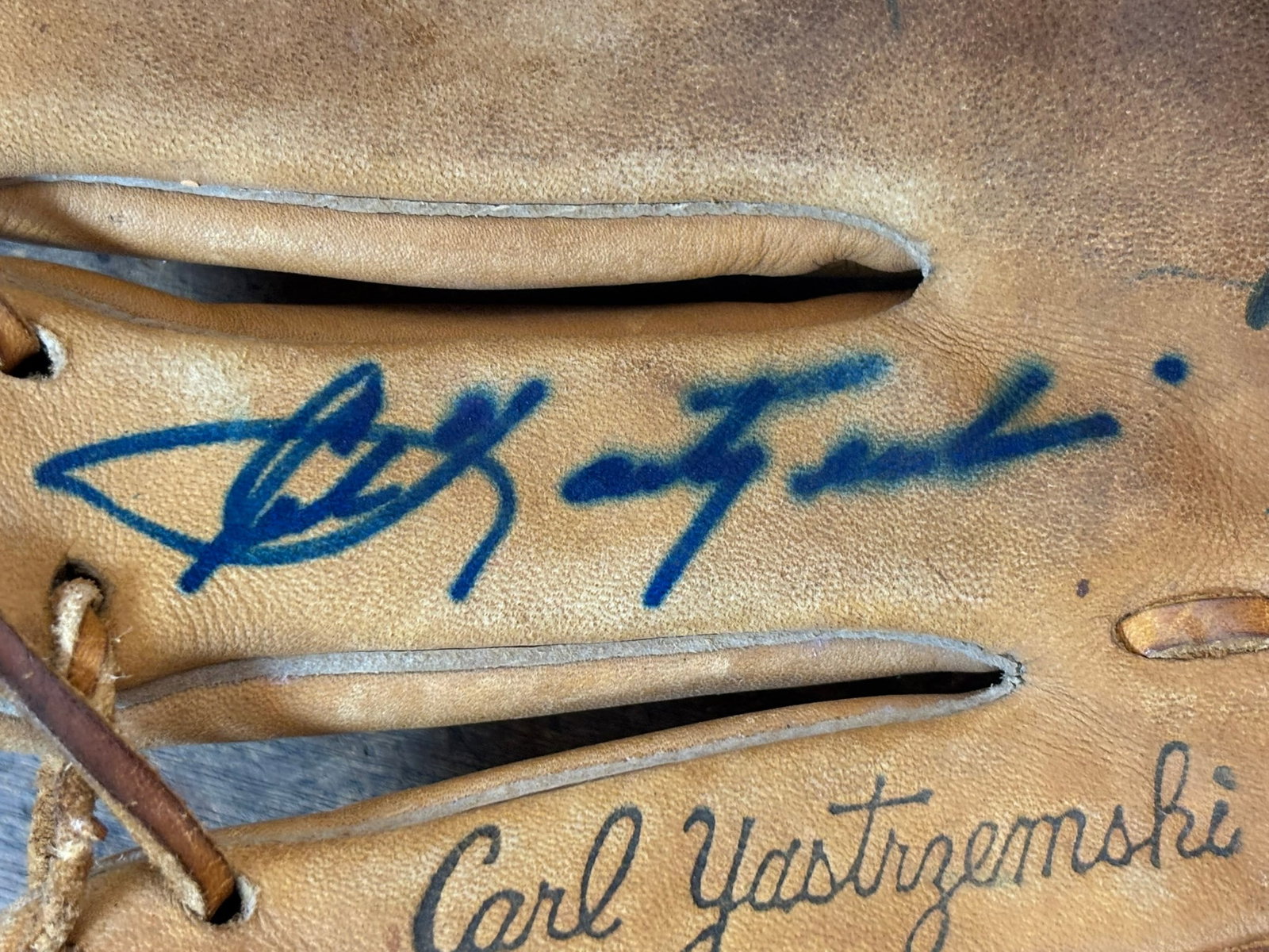 Carl Yastrzemski Signed Spalding Player Model Mitt: Nice original left handed throwing Spalding Carl Yaz player model mitts signed bodly with a wonderful blue ink. All autographs were obtained in person by the collector.
