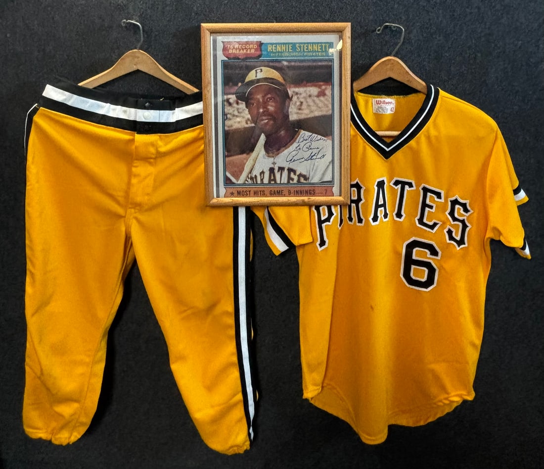 Rennie Stennett Wilson Game Used Pirates Uniform: Incredible Wilson game used Pittsburgh Pirates uniform by MLB most hits in the game, 7 for 7, Rennie Stennett. Lot includes his Wilson size 42 jersey, pants size 34 & signed Topps enlarged baseball