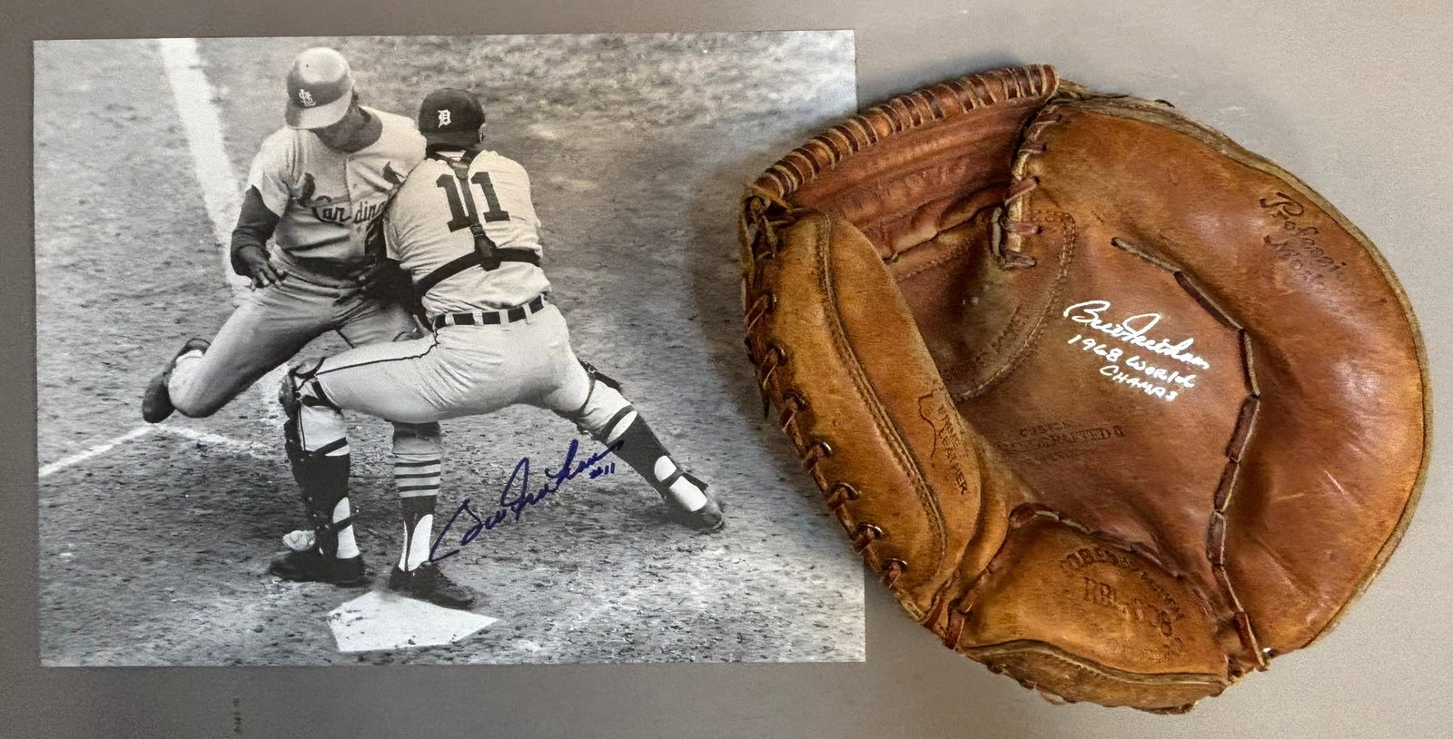 Pair Bill Freehan Signed Catchers Mitt & Photo: Incredible original pairing of a professional model catchers mitt and 12" x 16" photo. Both signed in person.