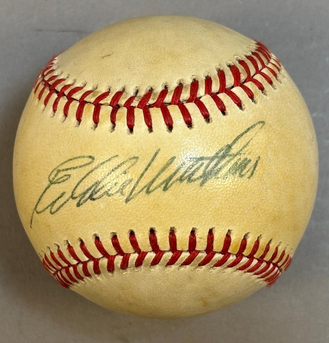 Eddie Mathews Single Signed Brown Rawlings Ball: Great original signed Eddie Mathews baseball on a Rawlings Brown OAL ball. Comes with original rawlings haiti box.