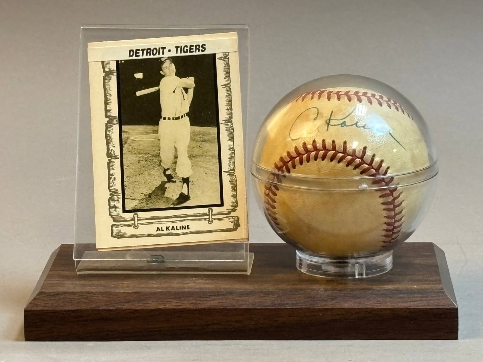 Rawlings Haiti AL KALINE Signed OAL Brown Ball Set: Great original pair of 80s 90s Kaline cards and a single signed ball.