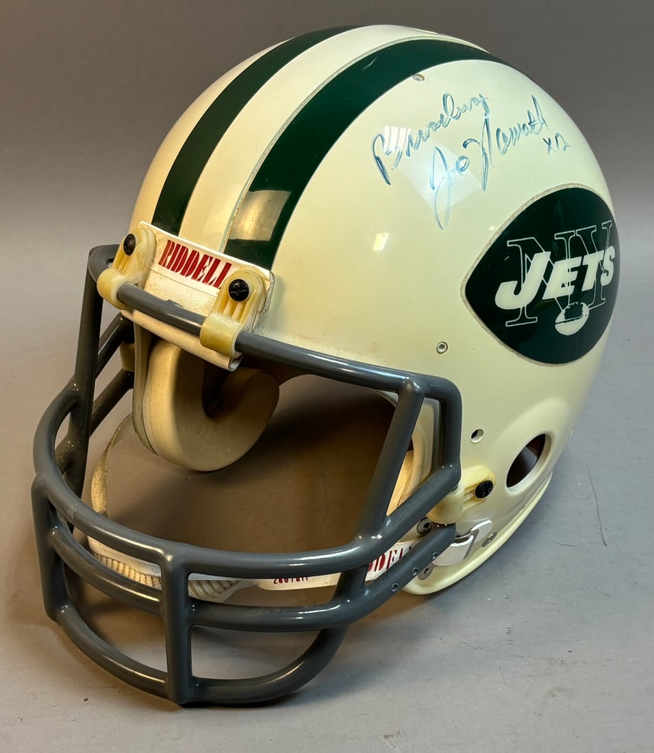 Joe Namath New York Jets Riddell Signed Helmet: Certification BY103445 - see all photos - PLEASE SEE ALL PHOTOS AND USE THEM AS A BETTER IDEA ON DESCRIPTION! ASK ANY QUESTIONS! PLEASE NOTE WE OFFER IN HOUSE SHIPPING & HAVE BIDDING AVAILABLE ON OUR