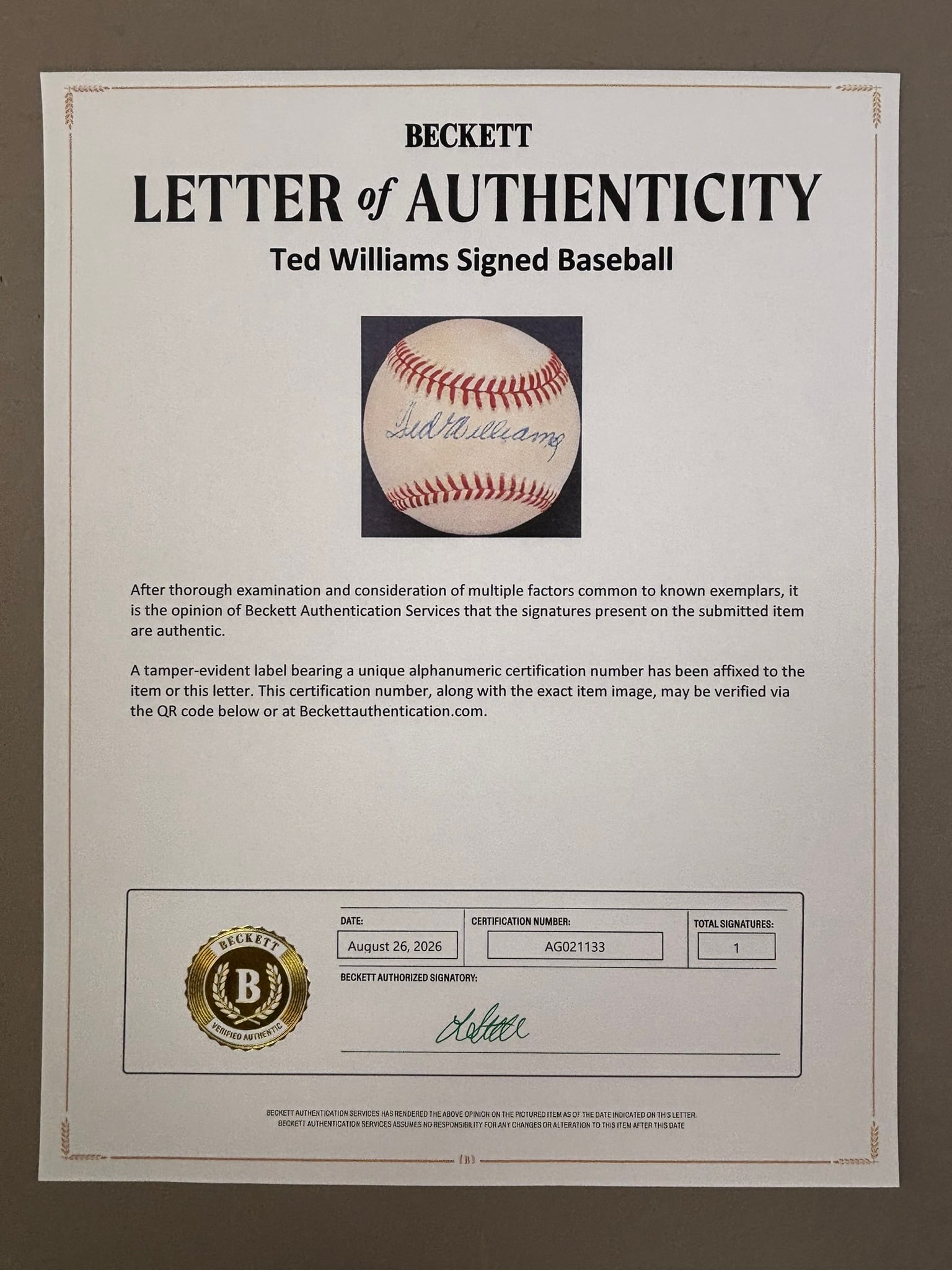 Ted Williams Single Signed Rawlings Brown Ball - 8