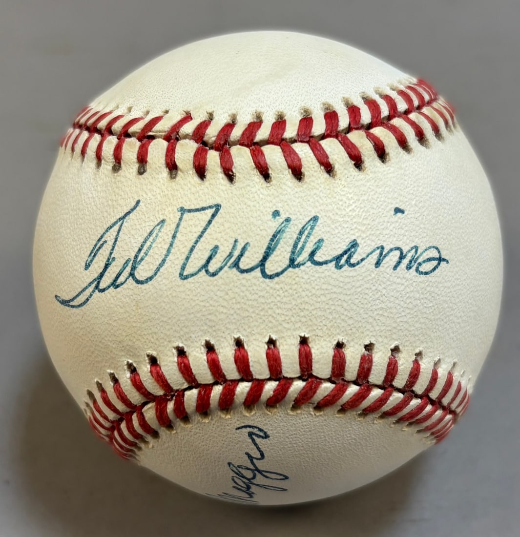 Ted Williams & Joe DiMaggio Rawlings Brown Ball: PLEASE SEE ALL PHOTOS AND USE THEM AS A BETTER IDEA ON DESCRIPTION! ASK ANY QUESTIONS! PLEASE NOTE WE OFFER IN HOUSE SHIPPING & HAVE BIDDING AVAILABLE ON OUR OWN WEBSITE! If you win on LIVE AUCTIONEER