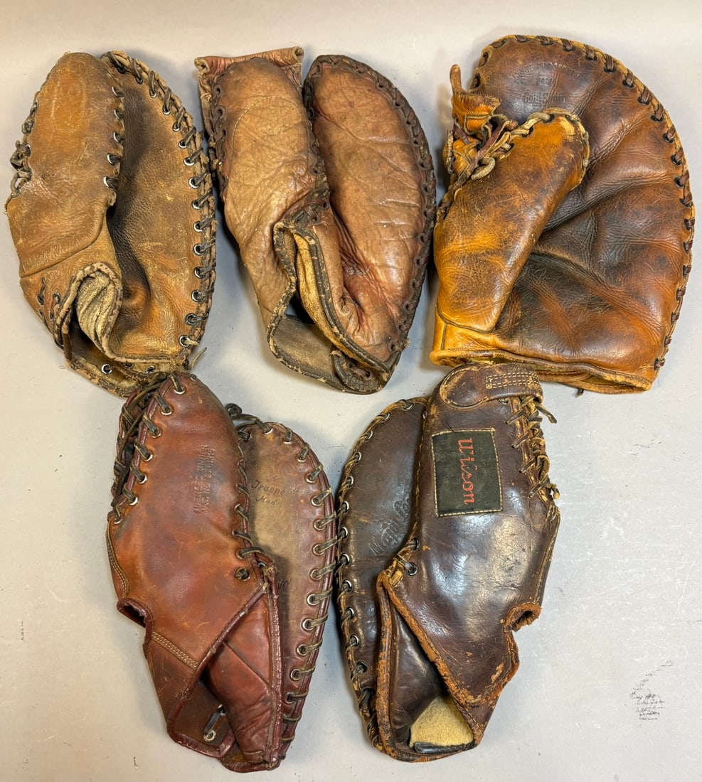 LOT 5 ANTIQUE 40s BASEBALL GLOVE FIRST BASE MITTS: MITTS PLEASE SEE ALL PHOTOS AND USE THEM AS A BETTER IDEA ON DESCRIPTION! ASK ANY QUESTIONS! PLEASE NOTE WE OFFER IN HOUSE SHIPPING & HAVE BIDDING AVAILABLE ON OUR OWN WEBSITE! If you win on LIVE