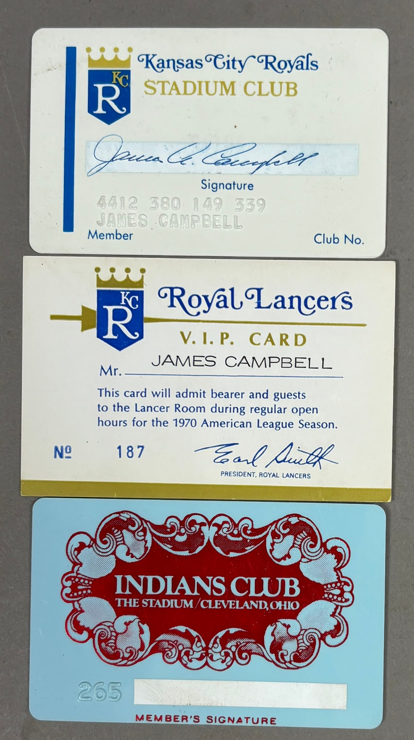 3 Jim Campbell ROYALS INDIANS STADIUM MEMBER CARDS: PLEASE SEE ALL PHOTOS AND USE THEM AS A BETTER IDEA ON DESCRIPTION! ASK ANY QUESTIONS! PLEASE NOTE WE OFFER IN HOUSE SHIPPING & HAVE BIDDING AVAILABLE ON OUR OWN WEBSITE! If you win on LIVE AUCTIONEER