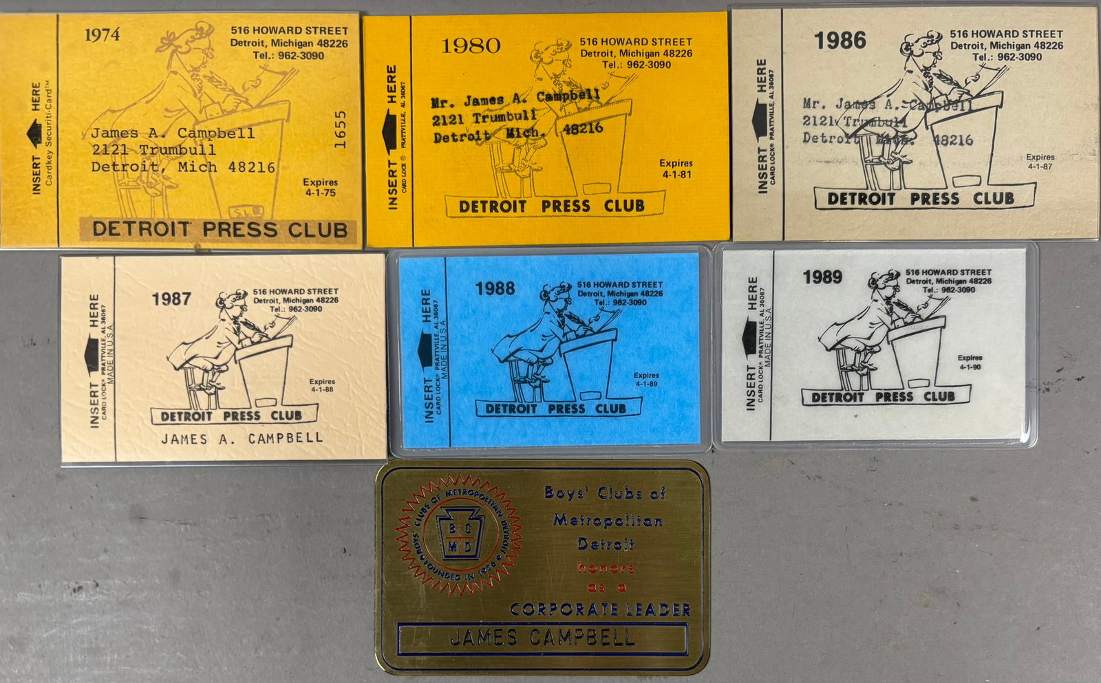Lot 6 Detroit Press Club JIm Campbell Member Card: PLEASE SEE ALL PHOTOS AND USE THEM AS A BETTER IDEA ON DESCRIPTION! ASK ANY QUESTIONS! PLEASE NOTE WE OFFER IN HOUSE SHIPPING & HAVE BIDDING AVAILABLE ON OUR OWN WEBSITE! If you win on LIVE