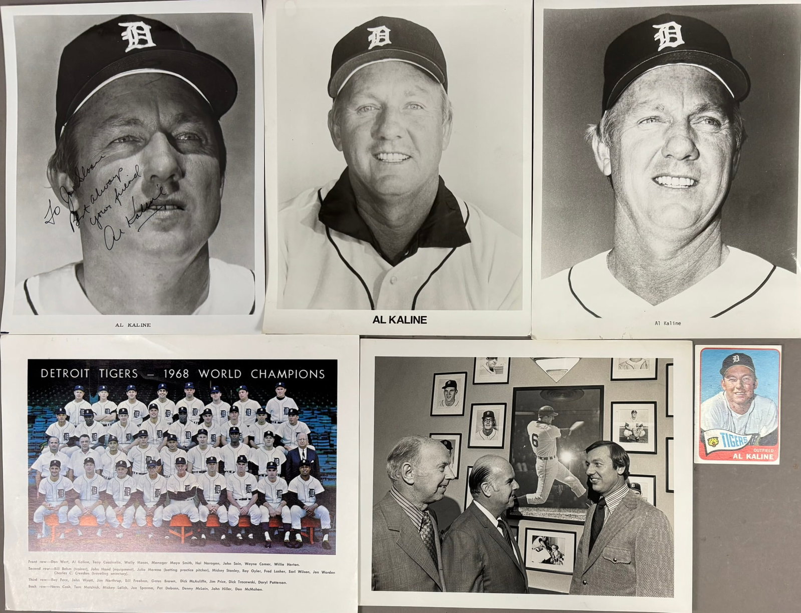 Detroit Tigers HOF Kaline Signed Photos 1965 Topps: PLEASE SEE ALL PHOTOS AND USE THEM AS A BETTER IDEA ON DESCRIPTION! ASK ANY QUESTIONS! PLEASE NOTE WE OFFER IN HOUSE SHIPPING & HAVE BIDDING AVAILABLE ON OUR OWN WEBSITE! If you win on LIVE