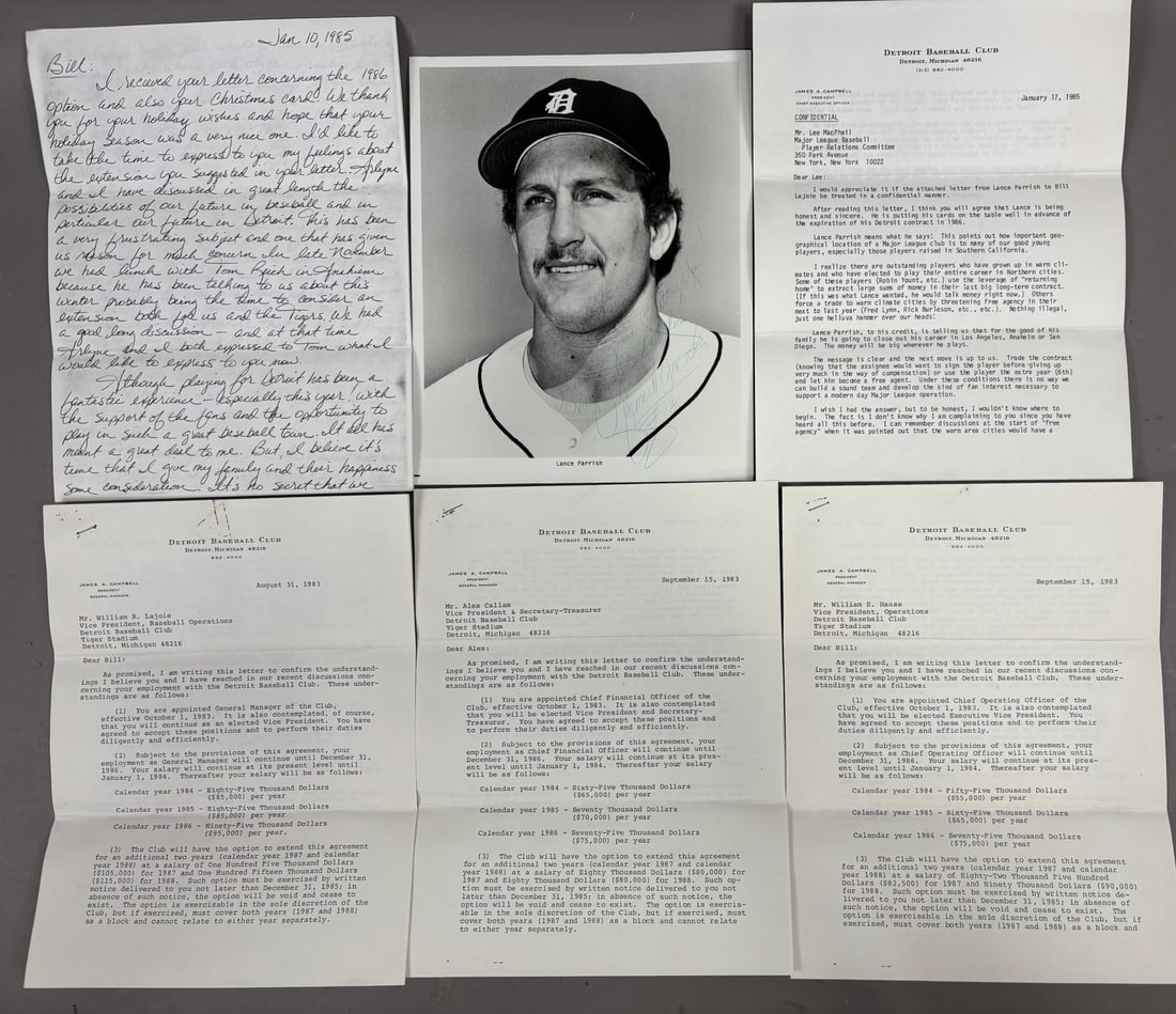 JAC Tigers Lee MacPhail Letter 1985 Lance Parrish: Very unusual copy of Lance Parrish contract issue communication between Lee MacPhail and James Arthur Campbell of the Detroit Tigers. Also signed 8x10 by Lance as shown. PLEASE SEE ALL PHOTOS AND USE