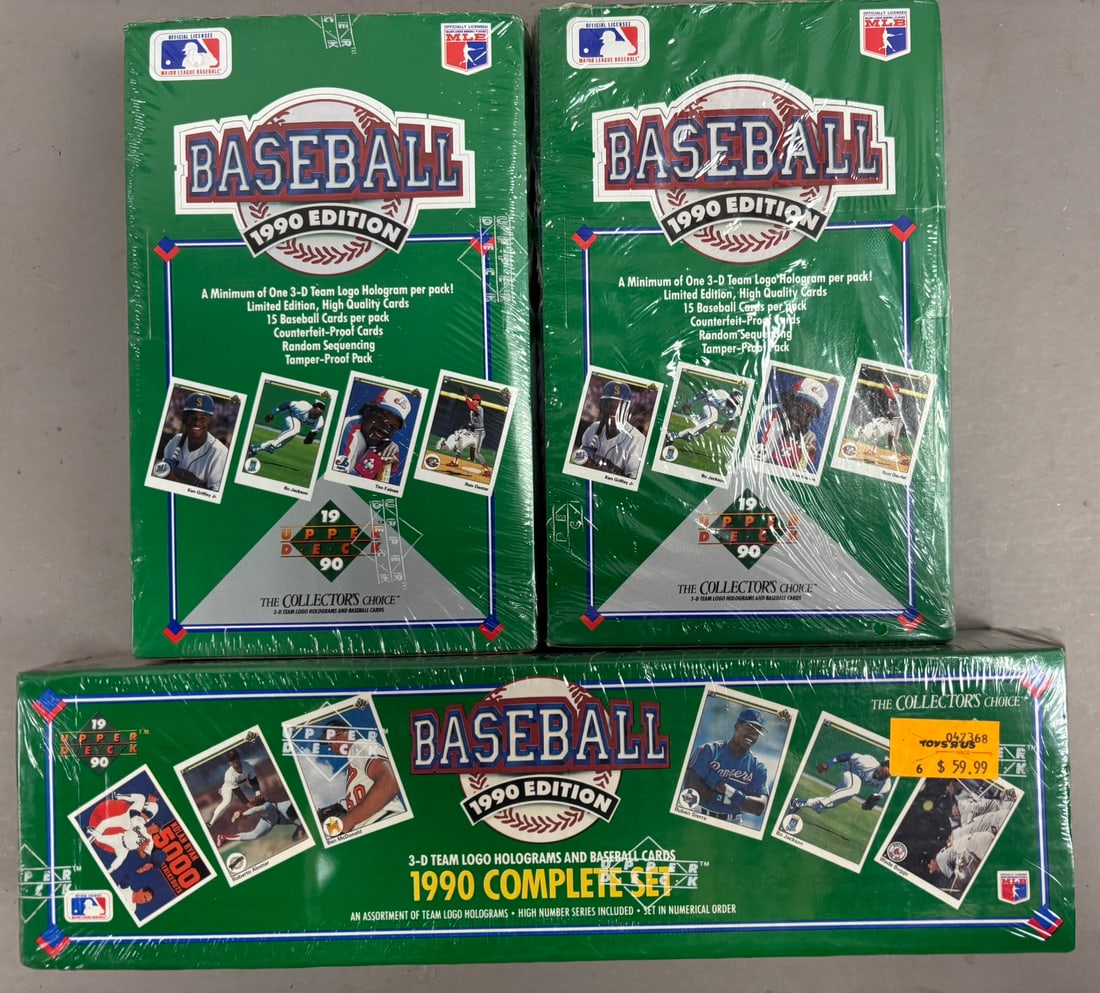 3 Sealed 1990 UPPER DECK Complete Set + 2 Factory: PLEASE SEE ALL PHOTOS AND USE THEM AS A BETTER IDEA ON DESCRIPTION! ASK ANY QUESTIONS! PLEASE NOTE WE OFFER IN HOUSE SHIPPING & HAVE BIDDING AVAILABLE ON OUR OWN WEBSITE! If you win on LIVE AUCTIONEER