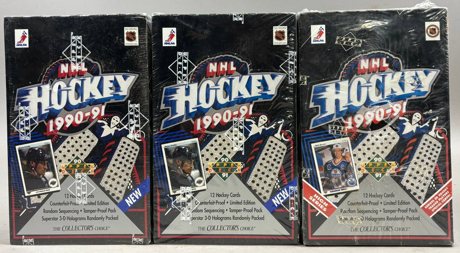3 1990-91 UPPER DECK NHL Hockey Boxes High Series: PLEASE SEE ALL PHOTOS AND USE THEM AS A BETTER IDEA ON DESCRIPTION! ASK ANY QUESTIONS! PLEASE NOTE WE OFFER IN HOUSE SHIPPING & HAVE BIDDING AVAILABLE ON OUR OWN WEBSITE! If you win on LIVE AUCTIONEER