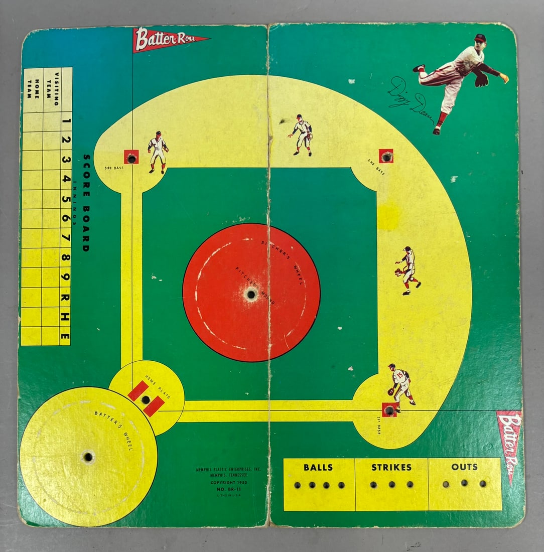 1955 Dizzy Dean Batter Rou Baseball Board Game: PLEASE SEE ALL PHOTOS AND USE THEM AS A BETTER IDEA ON DESCRIPTION! ASK ANY QUESTIONS! PLEASE NOTE WE OFFER IN HOUSE SHIPPING & HAVE BIDDING AVAILABLE ON OUR OWN WEBSITE! If you win on LIVE AUCTIONEER