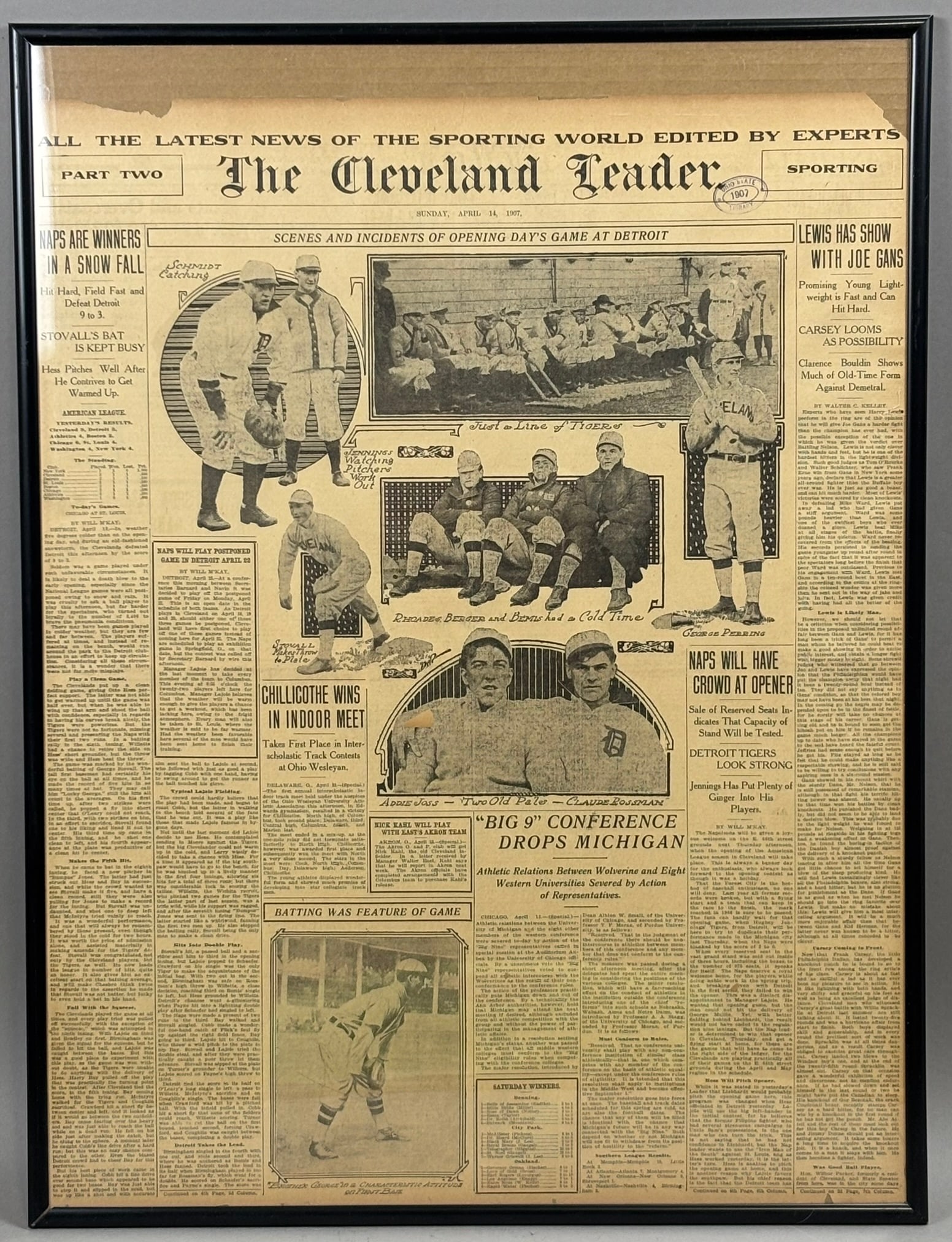 1907 Cleveland Leader Indians vs Tigers Newspaper: PLEASE SEE ALL PHOTOS AND USE THEM AS A BETTER IDEA ON DESCRIPTION! ASK ANY QUESTIONS! PLEASE NOTE WE OFFER IN HOUSE SHIPPING & HAVE BIDDING AVAILABLE ON OUR OWN WEBSITE! If you win on LIVE