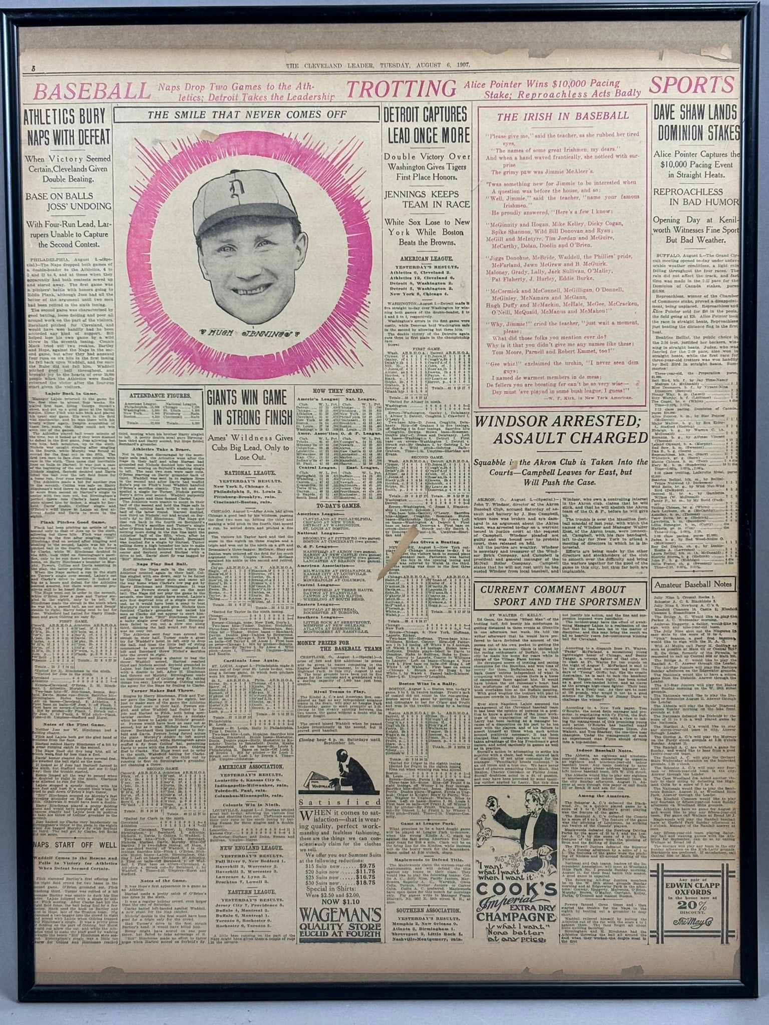 Cleveland Leader 8.6.1907 HUGH JENNINGS Tigers: Detroit Tigers PLEASE SEE ALL PHOTOS AND USE THEM AS A BETTER IDEA ON DESCRIPTION! ASK ANY QUESTIONS! PLEASE NOTE WE OFFER IN HOUSE SHIPPING & HAVE BIDDING AVAILABLE ON OUR OWN WEBSITE! If you win on