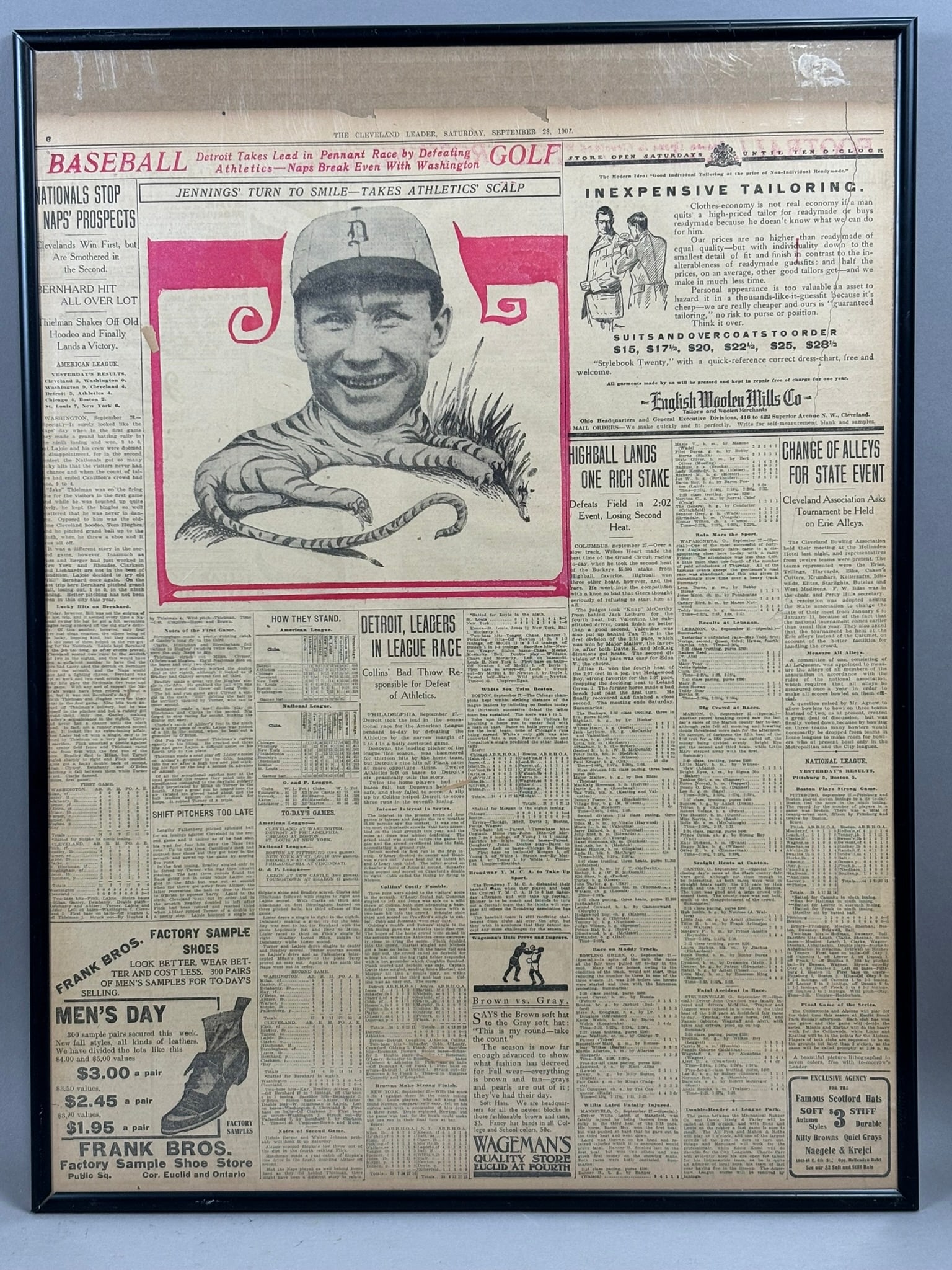 8.6.1907 Cleveland Leader Newpaper HUGH JENNINGS: PLEASE SEE ALL PHOTOS AND USE THEM AS A BETTER IDEA ON DESCRIPTION! ASK ANY QUESTIONS! PLEASE NOTE WE OFFER IN HOUSE SHIPPING & HAVE BIDDING AVAILABLE ON OUR OWN WEBSITE! If you win on LIVE