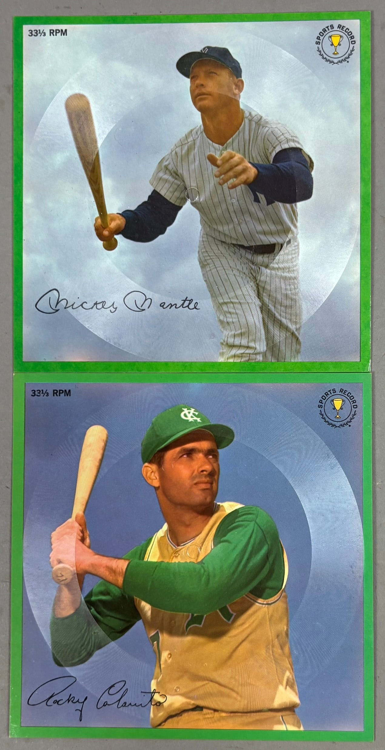 Pair 1962 Auravision MICKEY MANTLE & Colavito RPM: PLEASE SEE ALL PHOTOS AND USE THEM AS A BETTER IDEA ON DESCRIPTION! ASK ANY QUESTIONS! PLEASE NOTE WE OFFER IN HOUSE SHIPPING & HAVE BIDDING AVAILABLE ON OUR OWN WEBSITE! If you win on LIVE AUCTIONEER