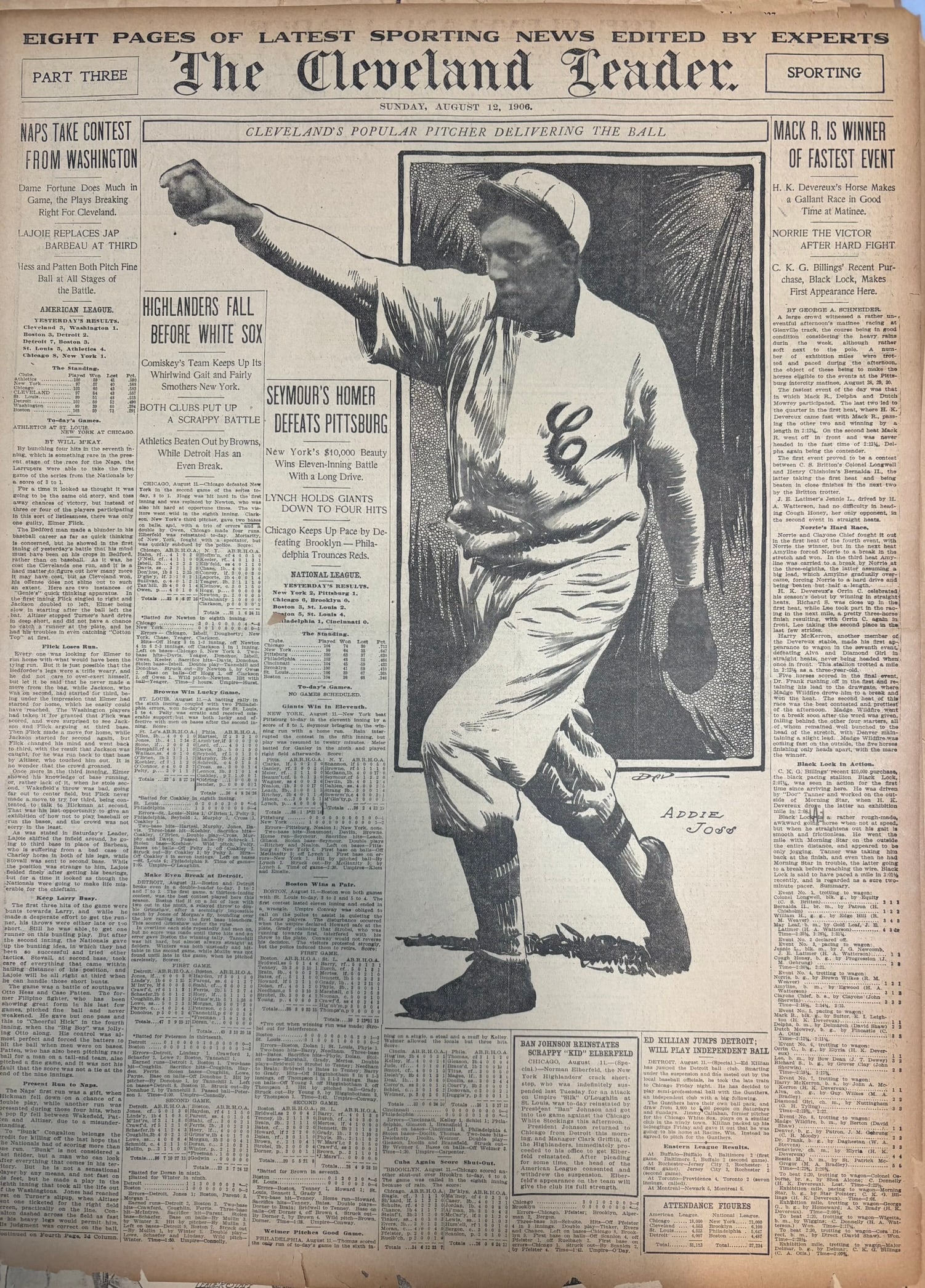 Cleveland Leader Newspaper 1906 ADDIE JOSS Pitcher: PLEASE SEE ALL PHOTOS AND USE THEM AS A BETTER IDEA ON DESCRIPTION! ASK ANY QUESTIONS! PLEASE NOTE WE OFFER IN HOUSE SHIPPING & HAVE BIDDING AVAILABLE ON OUR OWN WEBSITE! If you win on LIVE