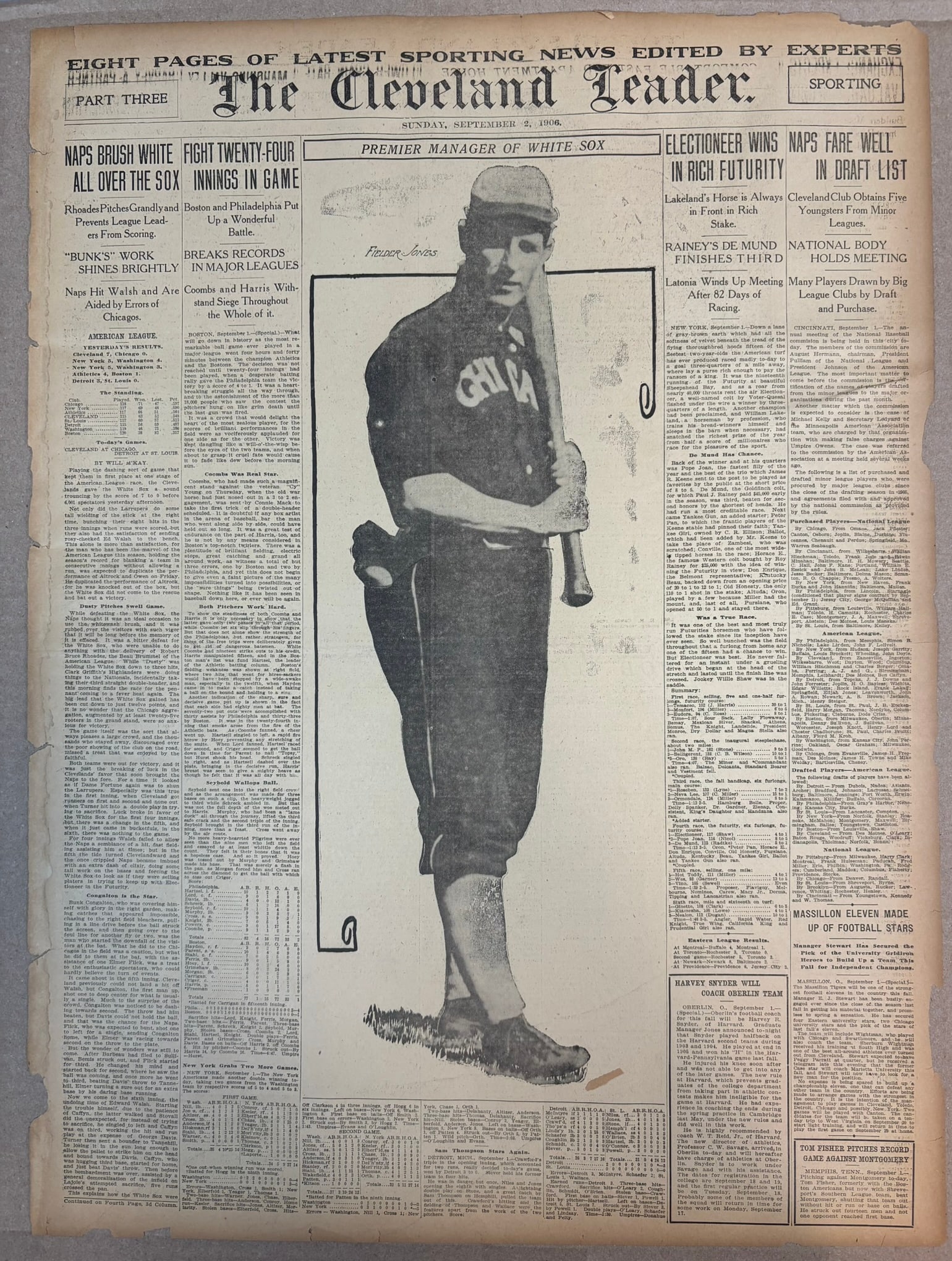1906 Cleveland Leader FIELDER JONES Baseball News: PLEASE SEE ALL PHOTOS AND USE THEM AS A BETTER IDEA ON DESCRIPTION! ASK ANY QUESTIONS! PLEASE NOTE WE OFFER IN HOUSE SHIPPING & HAVE BIDDING AVAILABLE ON OUR OWN WEBSITE! If you win on LIVE