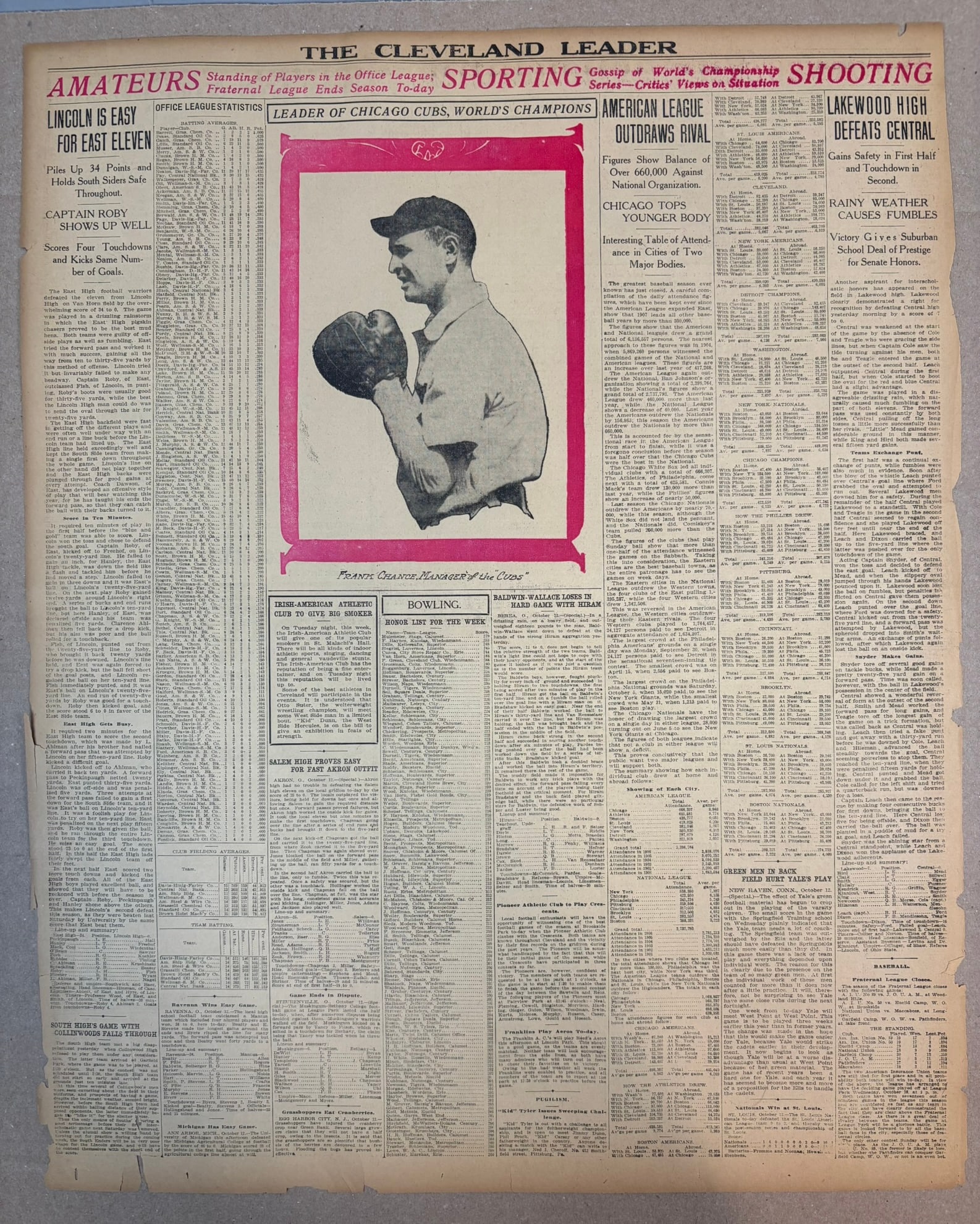 FRANK CHANCE Chicago Cubs Cleveland Leader News: PLEASE SEE ALL PHOTOS AND USE THEM AS A BETTER IDEA ON DESCRIPTION! ASK ANY QUESTIONS! PLEASE NOTE WE OFFER IN HOUSE SHIPPING & HAVE BIDDING AVAILABLE ON OUR OWN WEBSITE! If you win on LIVE AUCTIONEER