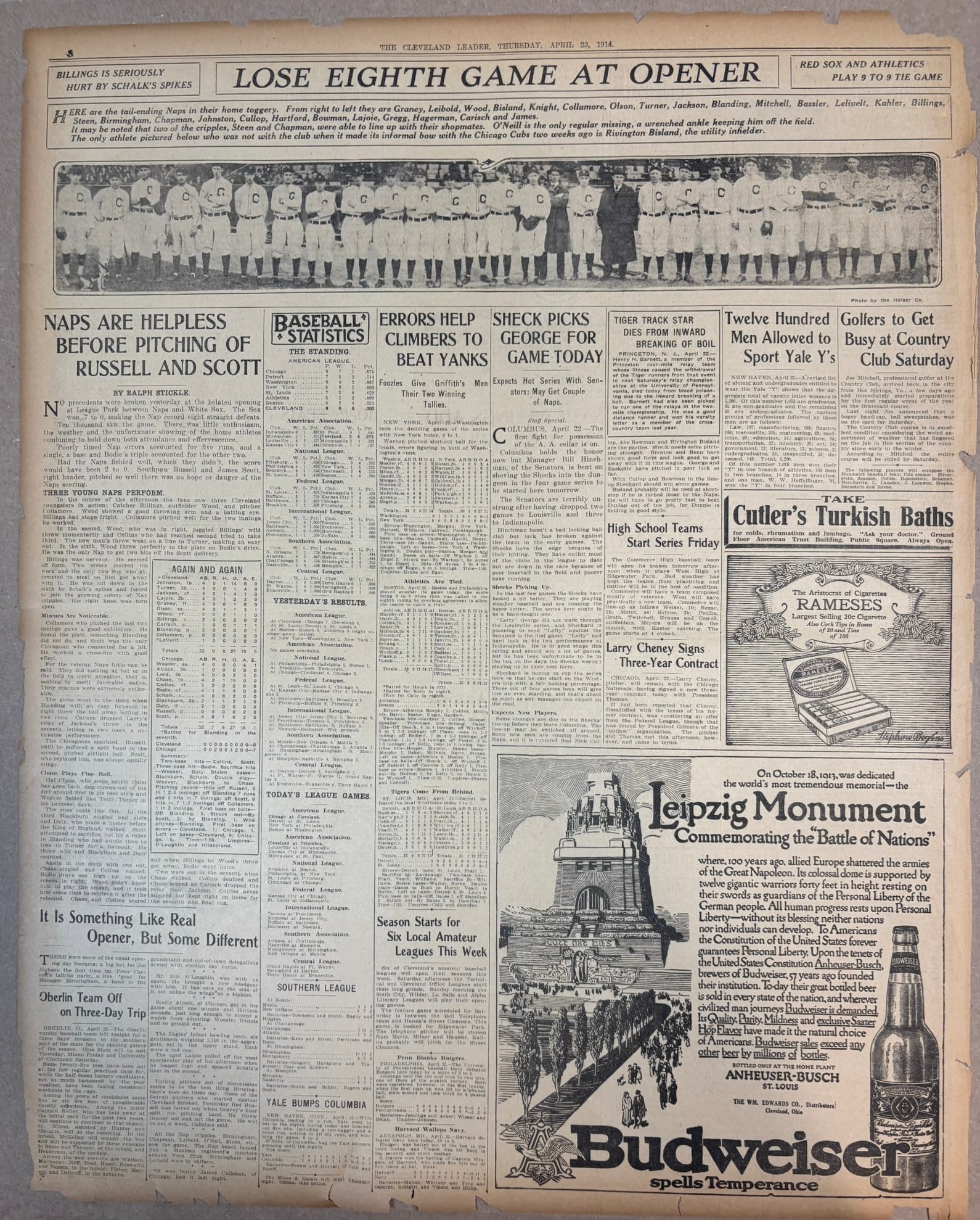 Cleveland Leader 1914 NAPS Baseball Panoramic: PLEASE SEE ALL PHOTOS AND USE THEM AS A BETTER IDEA ON DESCRIPTION! ASK ANY QUESTIONS! PLEASE NOTE WE OFFER IN HOUSE SHIPPING & HAVE BIDDING AVAILABLE ON OUR OWN WEBSITE! If you win on LIVE