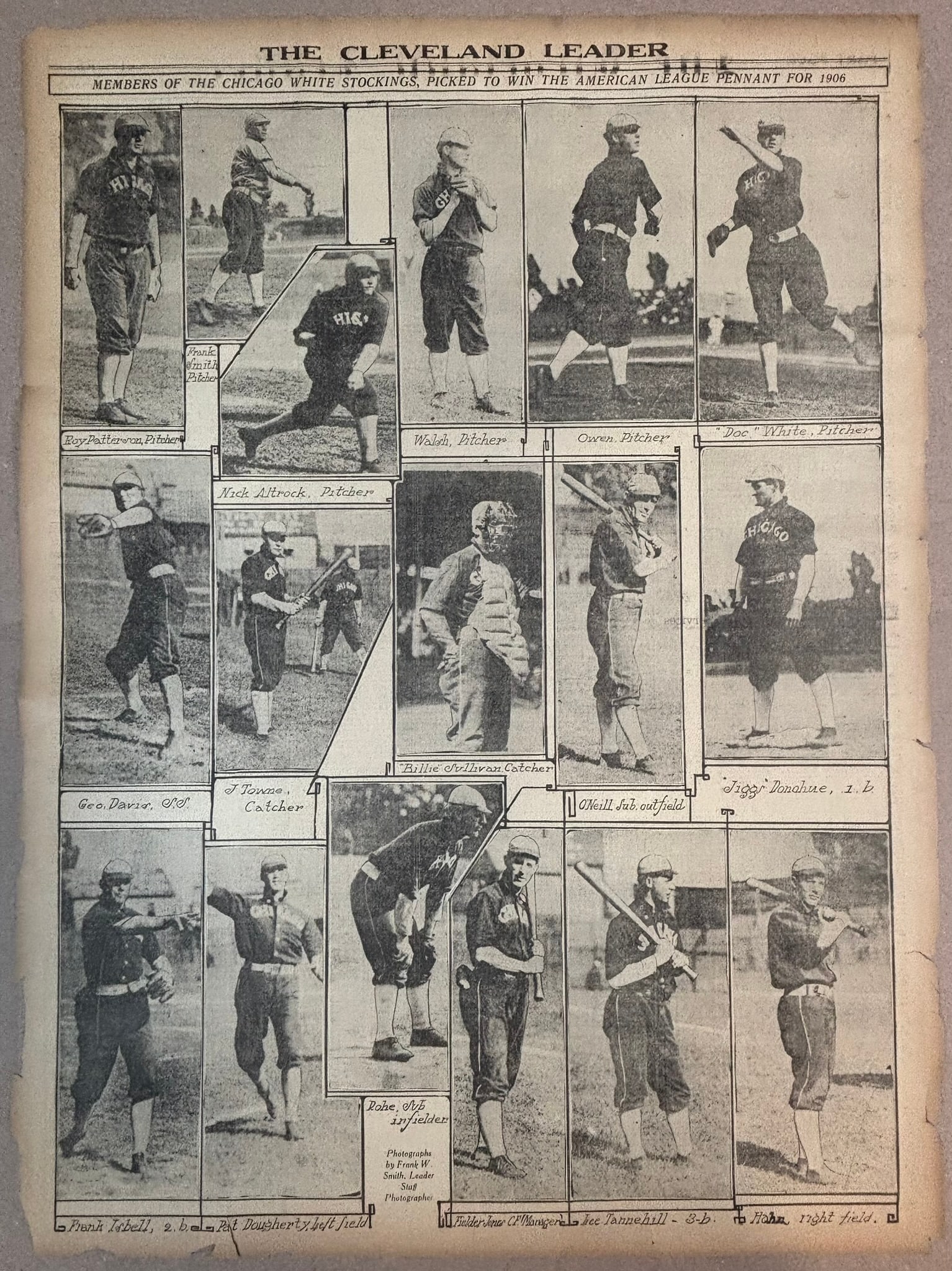 1906 Cleveland Leader Baseball CHICACO WHITE SOX: PLEASE SEE ALL PHOTOS AND USE THEM AS A BETTER IDEA ON DESCRIPTION! ASK ANY QUESTIONS! PLEASE NOTE WE OFFER IN HOUSE SHIPPING & HAVE BIDDING AVAILABLE ON OUR OWN WEBSITE! If you win on LIVE AUCTIONEER
